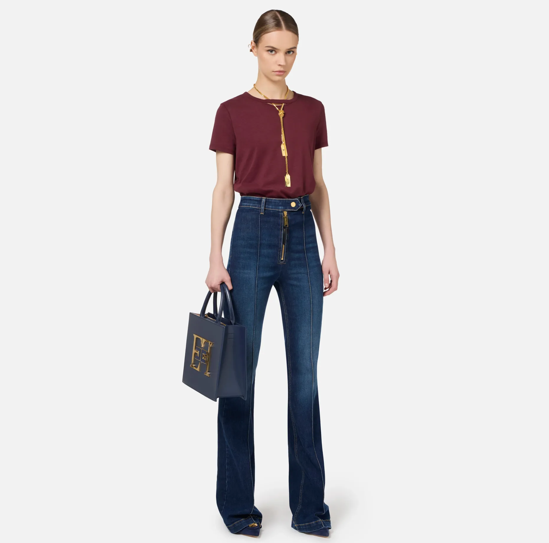 Elisabetta Franchi Jeans | Bell-bottom stretch cotton jeans with ribs