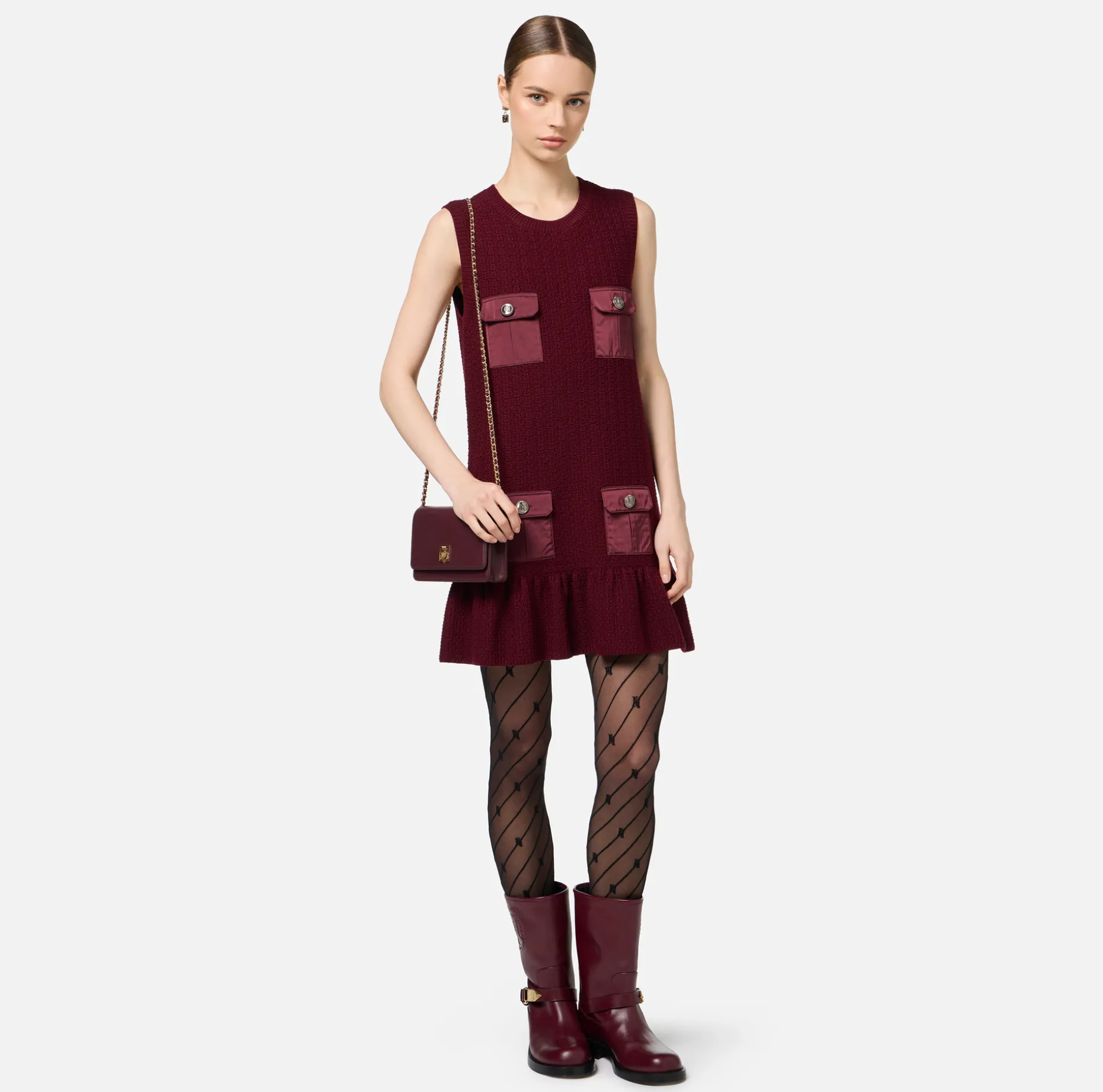 Elisabetta Franchi Mini Dresses | Knitted Dresses | Bouclé wool mini-dress with pockets in technical voile fabric