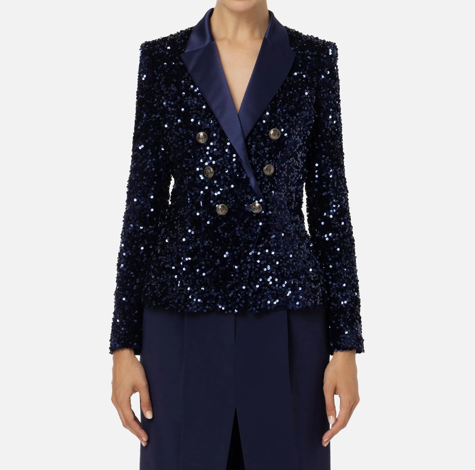 Elisabetta Franchi Tailleur | Jackets And Trench Coats | Chenille double-breasted jacket embroidered with sequins