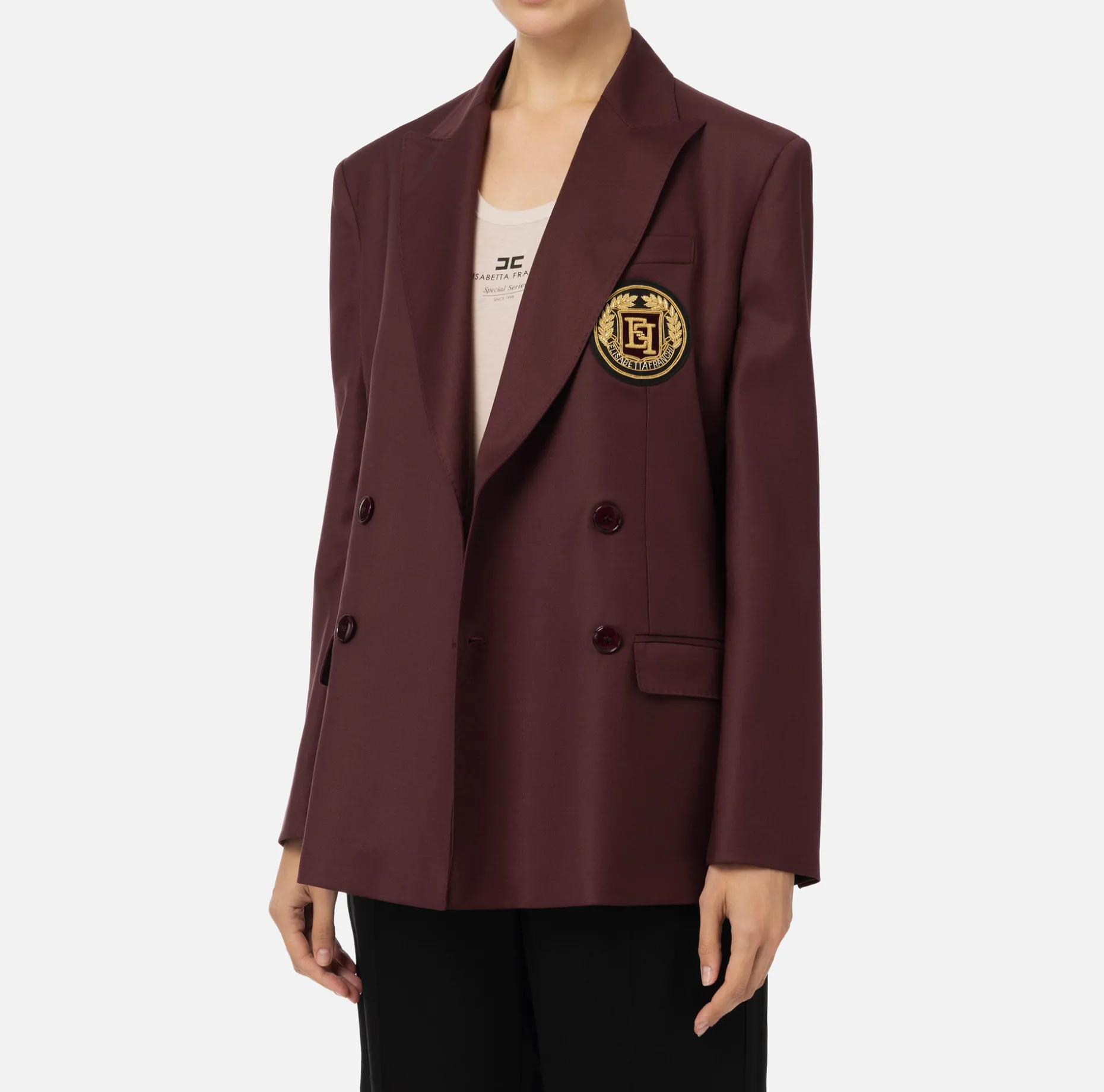 Elisabetta Franchi Jackets And Trench Coats | Cool wool double-breasted jacket with patch