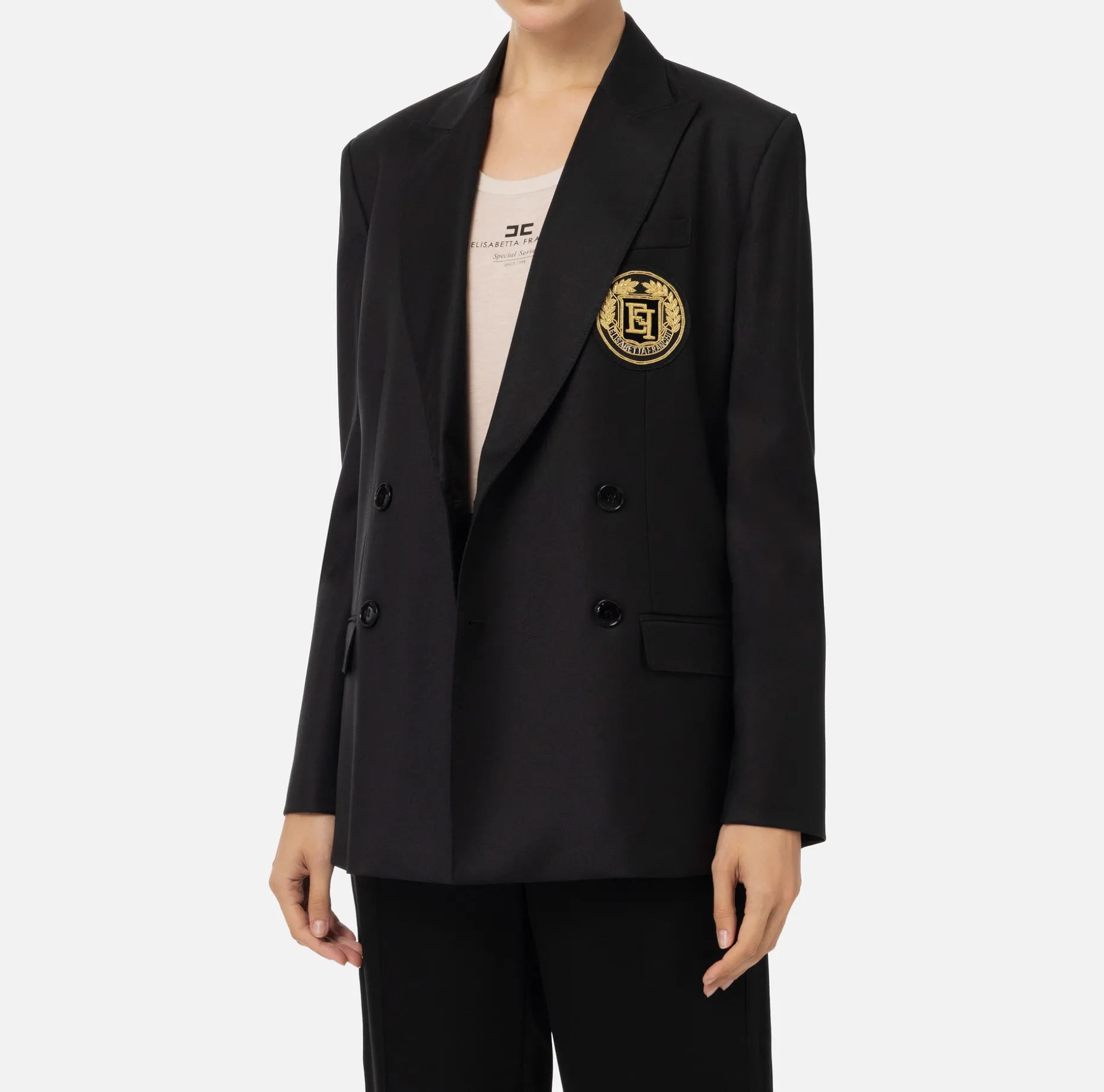 Elisabetta Franchi Jackets And Trench Coats | Cool wool double-breasted jacket with patch