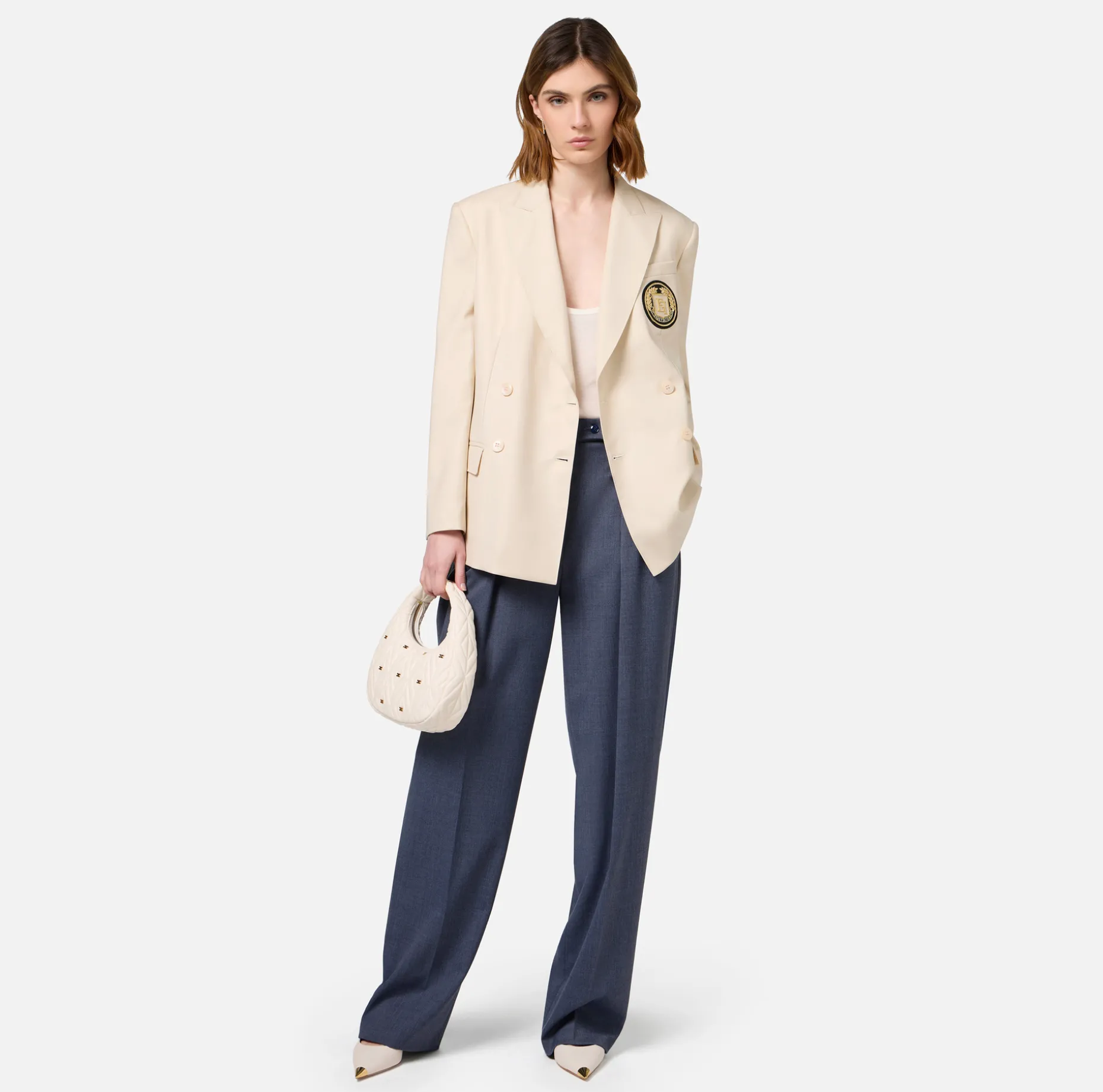 Elisabetta Franchi Jackets And Trench Coats | Cool wool double-breasted jacket with patch