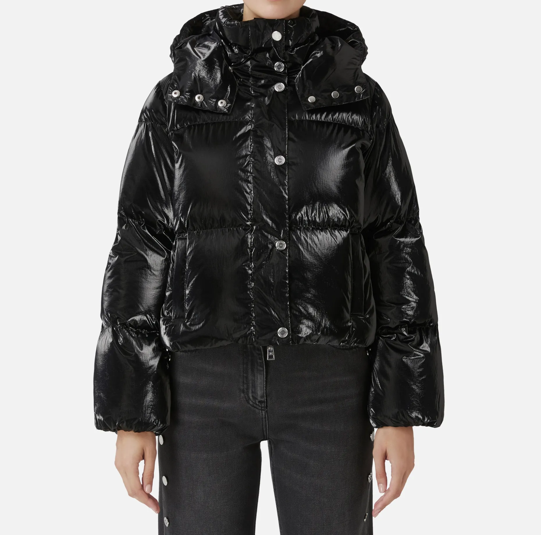 Elisabetta Franchi Coats And Jackets | Cropped down jacket in metallic effect nylon