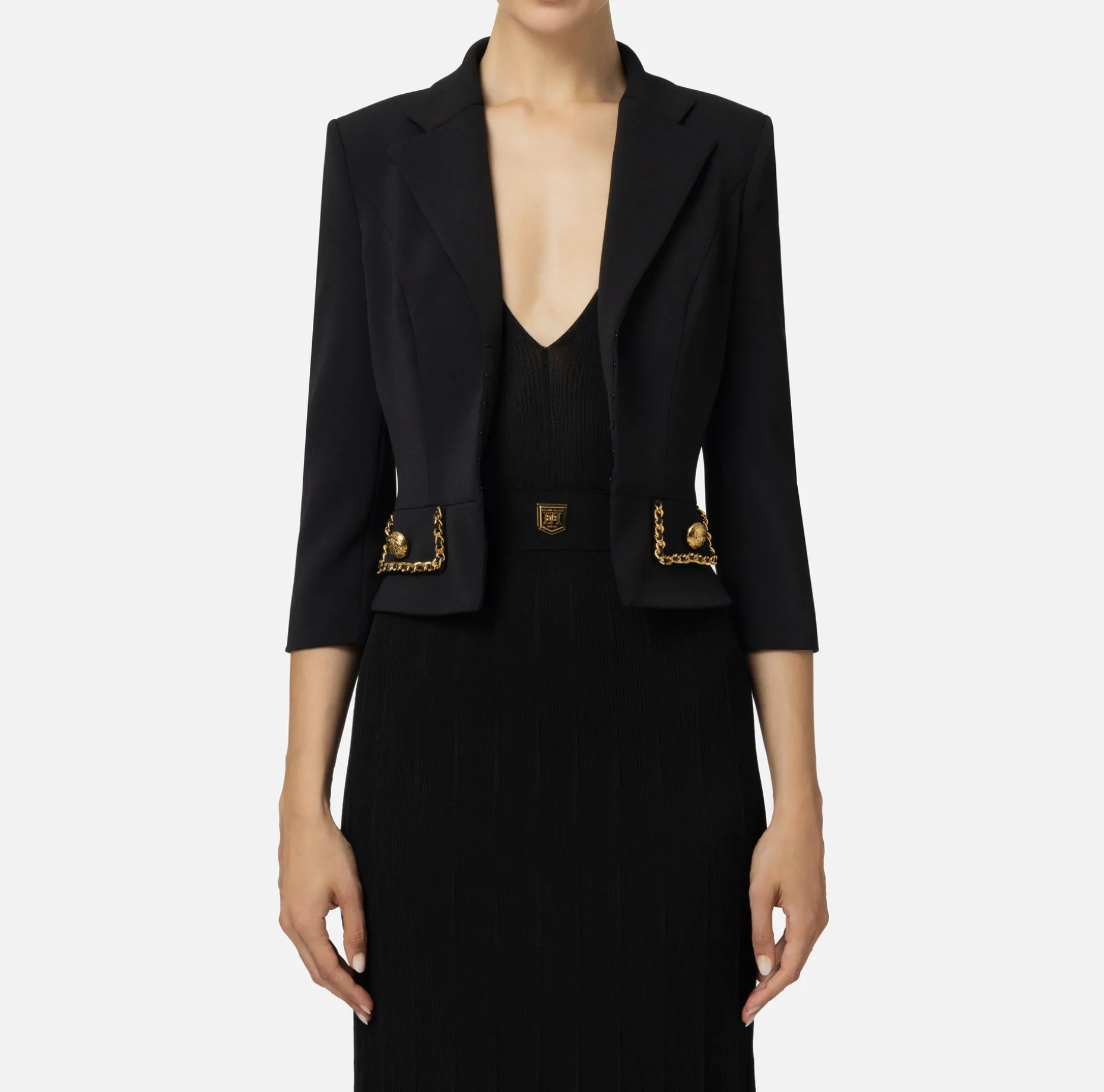 Elisabetta Franchi Jackets And Trench Coats | Tailleur | Cropped stretch crêpe jacket with chain