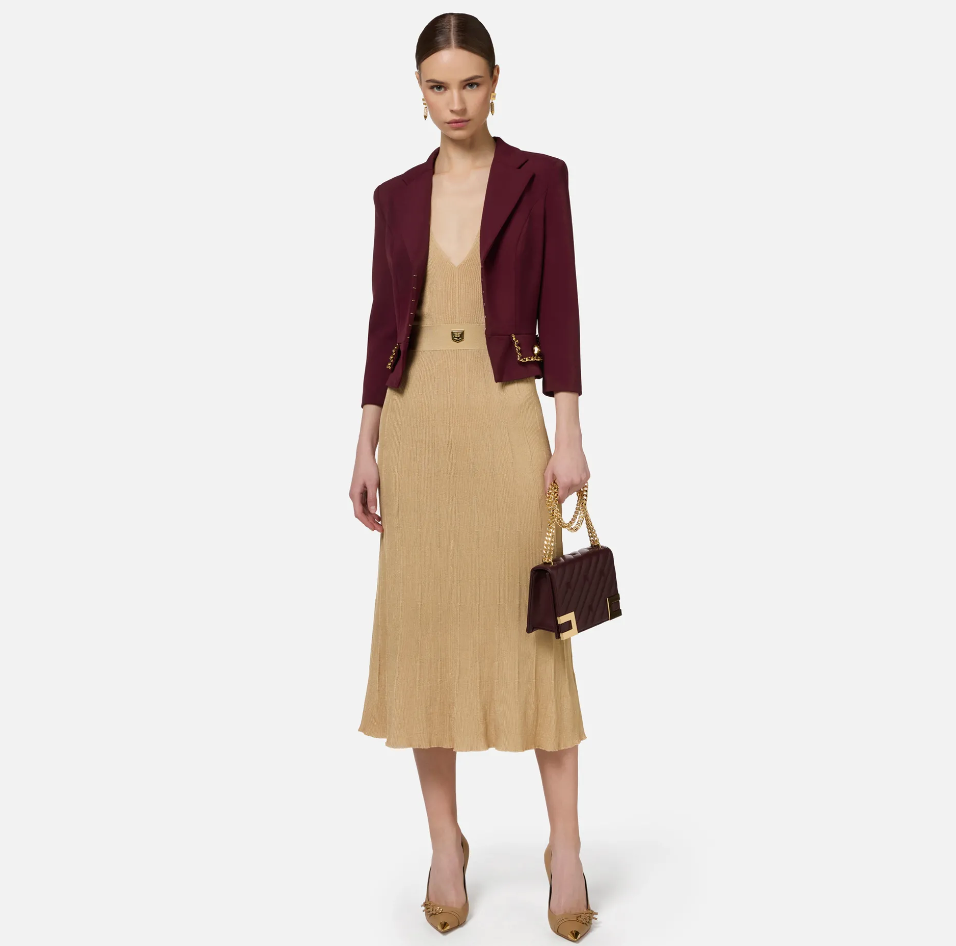 Elisabetta Franchi Jackets And Trench Coats | Tailleur | Cropped stretch crêpe jacket with chain