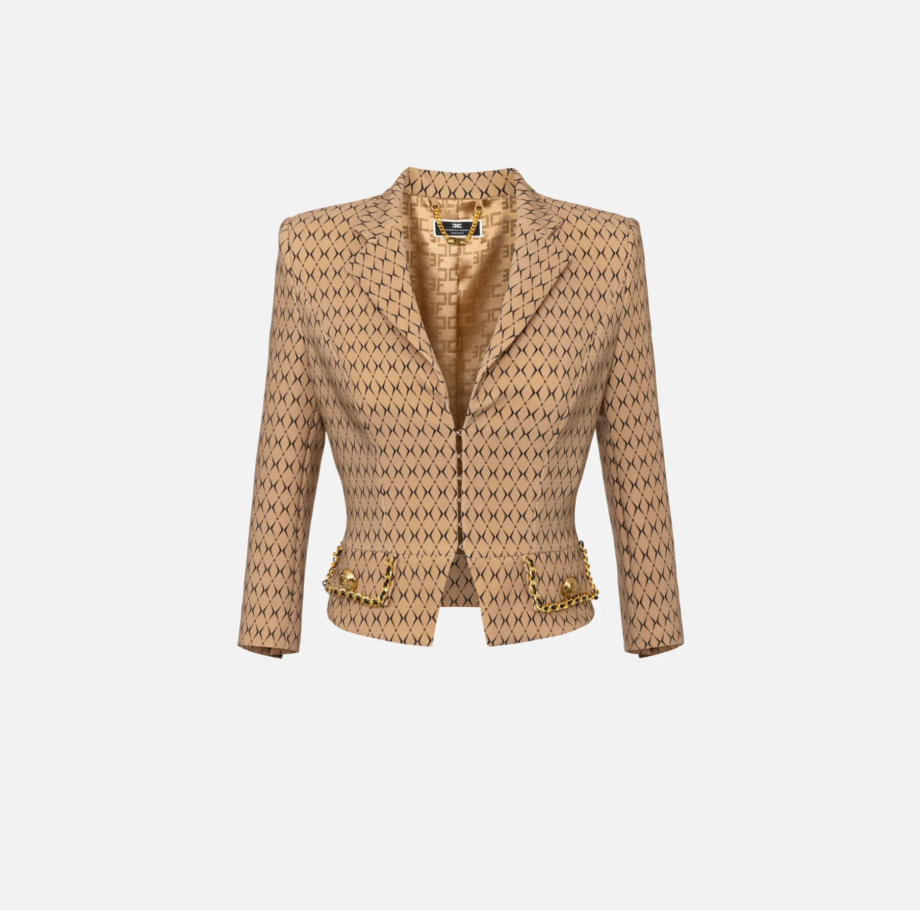 Elisabetta Franchi Jackets And Trench Coats | Tailleur | Cropped stretch crêpe jacket with diamond print and chain