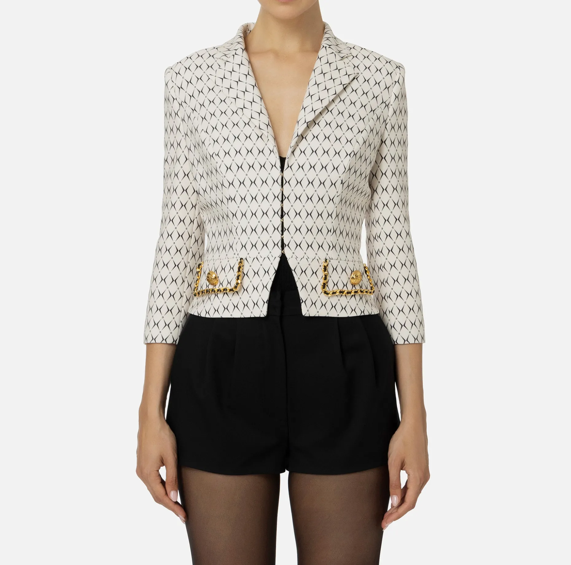 Elisabetta Franchi Jackets And Trench Coats | Tailleur | Cropped stretch crêpe jacket with diamond print and chain