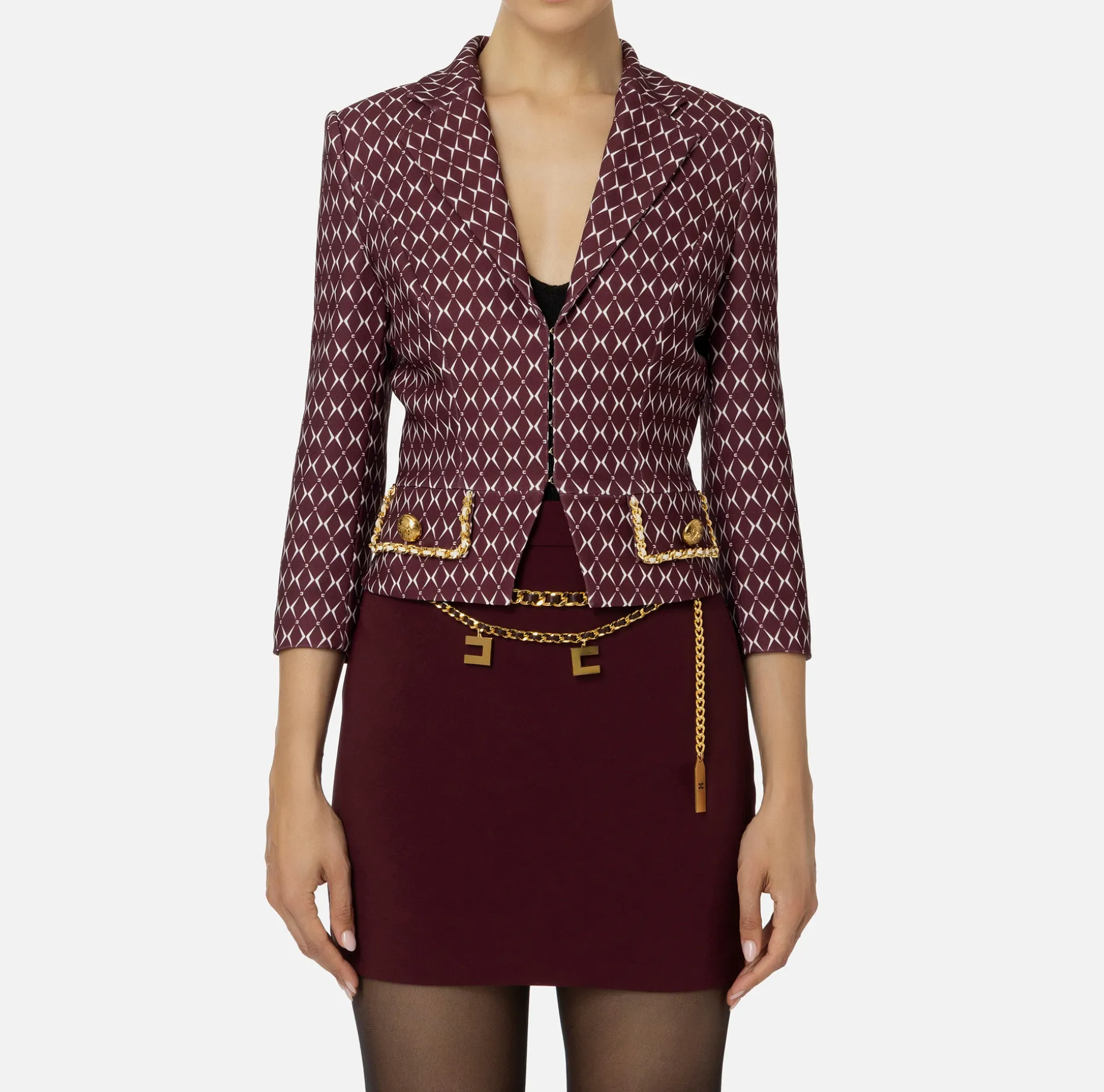 Elisabetta Franchi Jackets And Trench Coats | Tailleur | Cropped stretch crêpe jacket with diamond print and chain