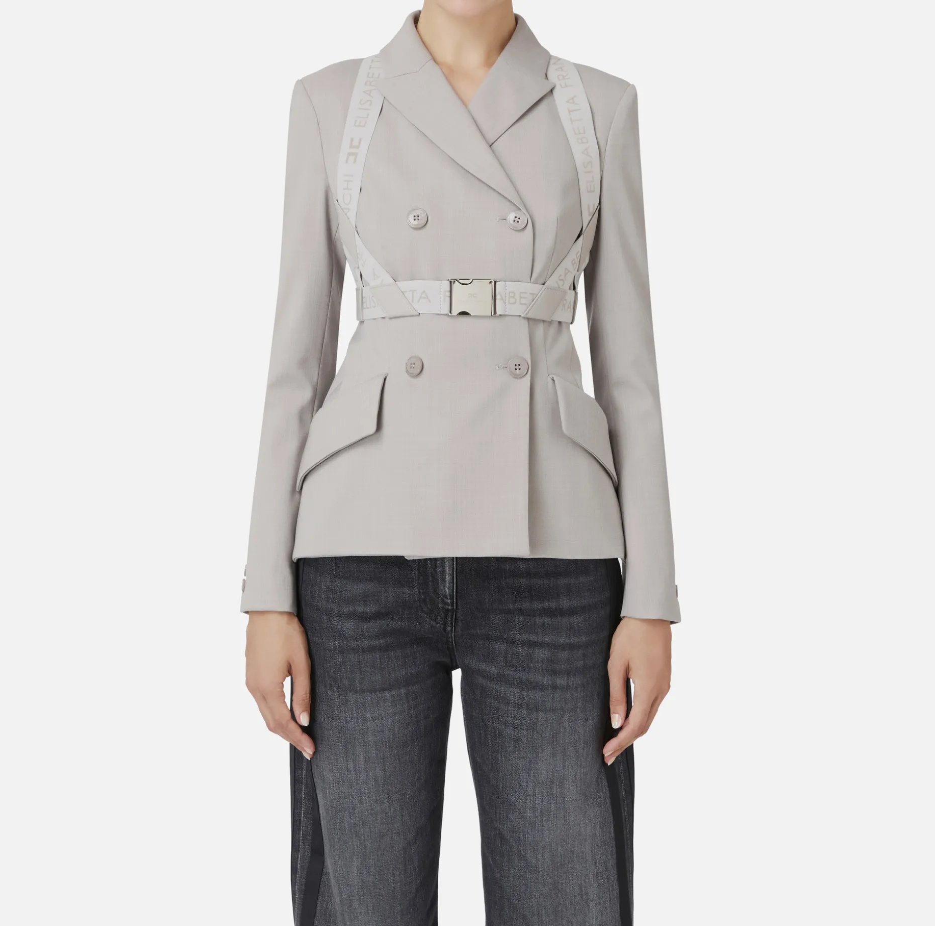 Elisabetta Franchi Jackets And Trench Coats | Tailleur | Double-breasted melange cool wool jacket with elastic harness