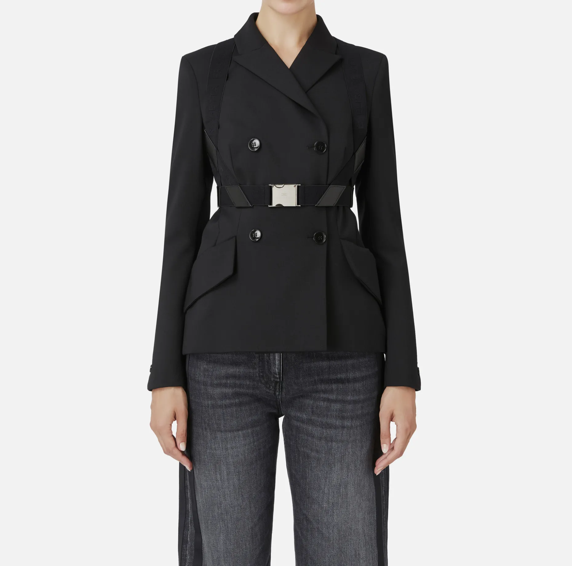 Elisabetta Franchi Jackets And Trench Coats | Tailleur | Double-breasted melange cool wool jacket with elastic harness