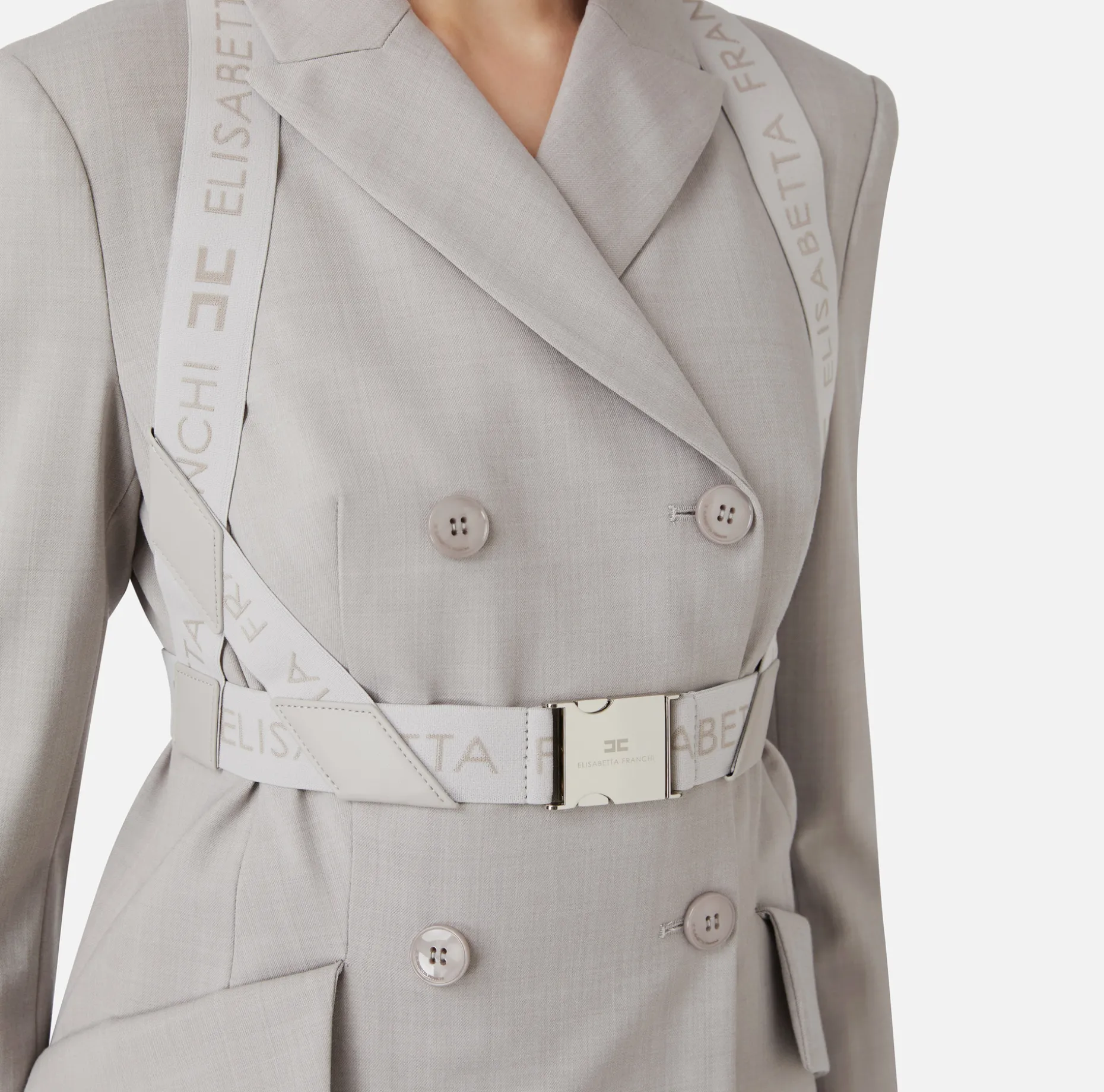 Elisabetta Franchi Jackets And Trench Coats | Tailleur | Double-breasted melange cool wool jacket with elastic harness