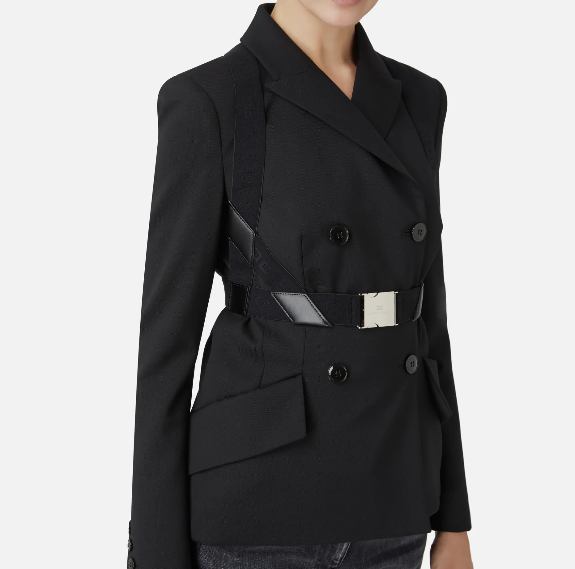 Elisabetta Franchi Jackets And Trench Coats | Tailleur | Double-breasted melange cool wool jacket with elastic harness