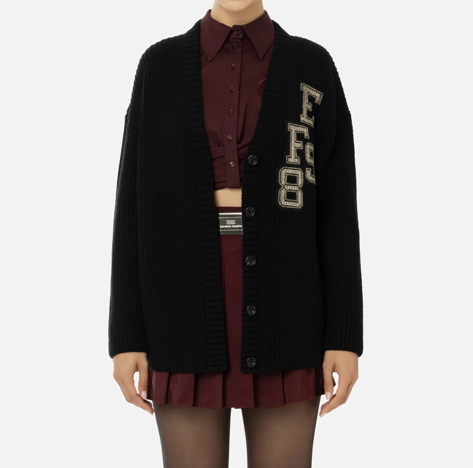 Elisabetta Franchi Knitwear And Sweatshirts | Fisherman’s rib wool cardigan with logo patch