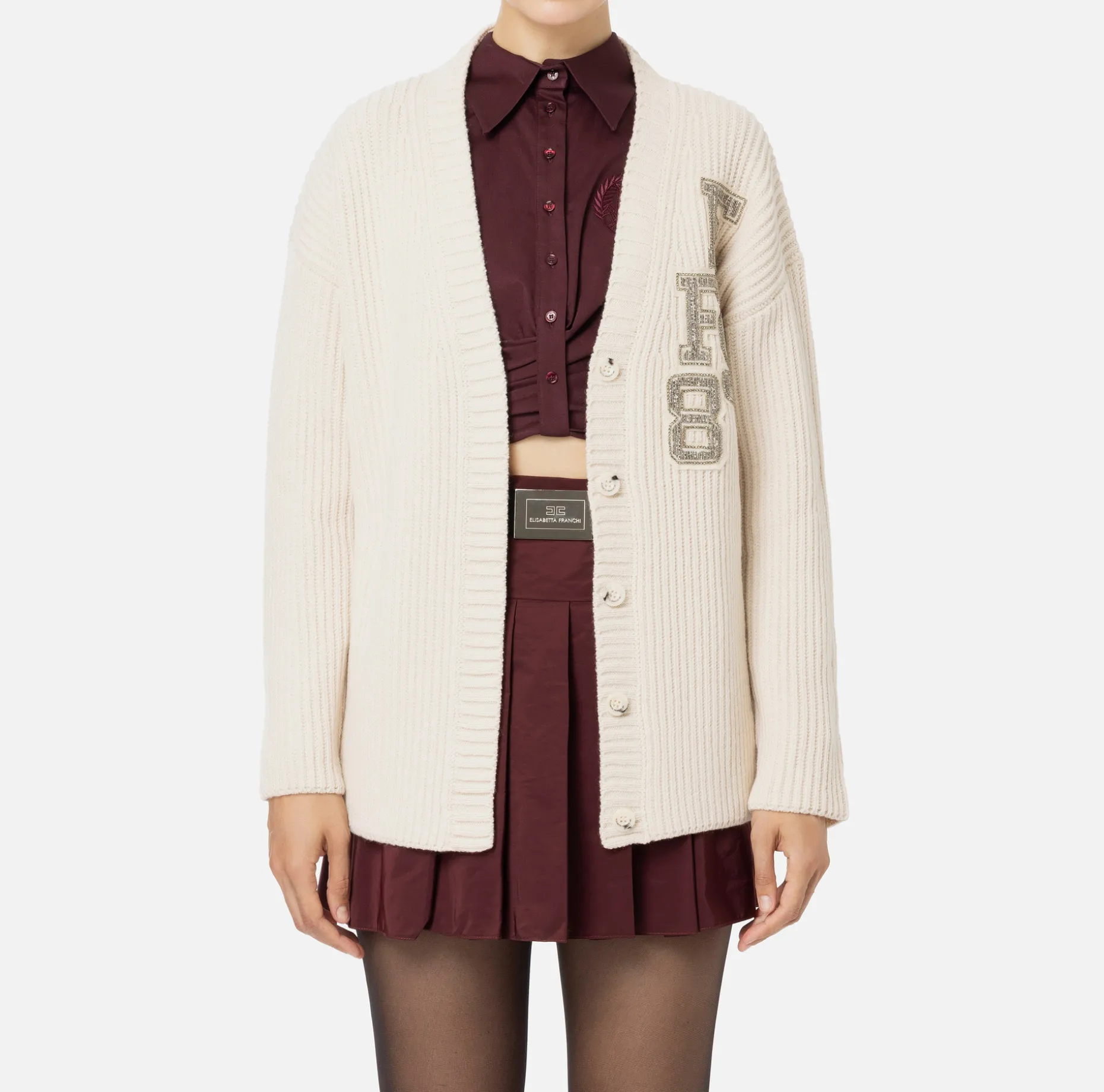 Elisabetta Franchi Knitwear And Sweatshirts | Fisherman’s rib wool cardigan with logo patch