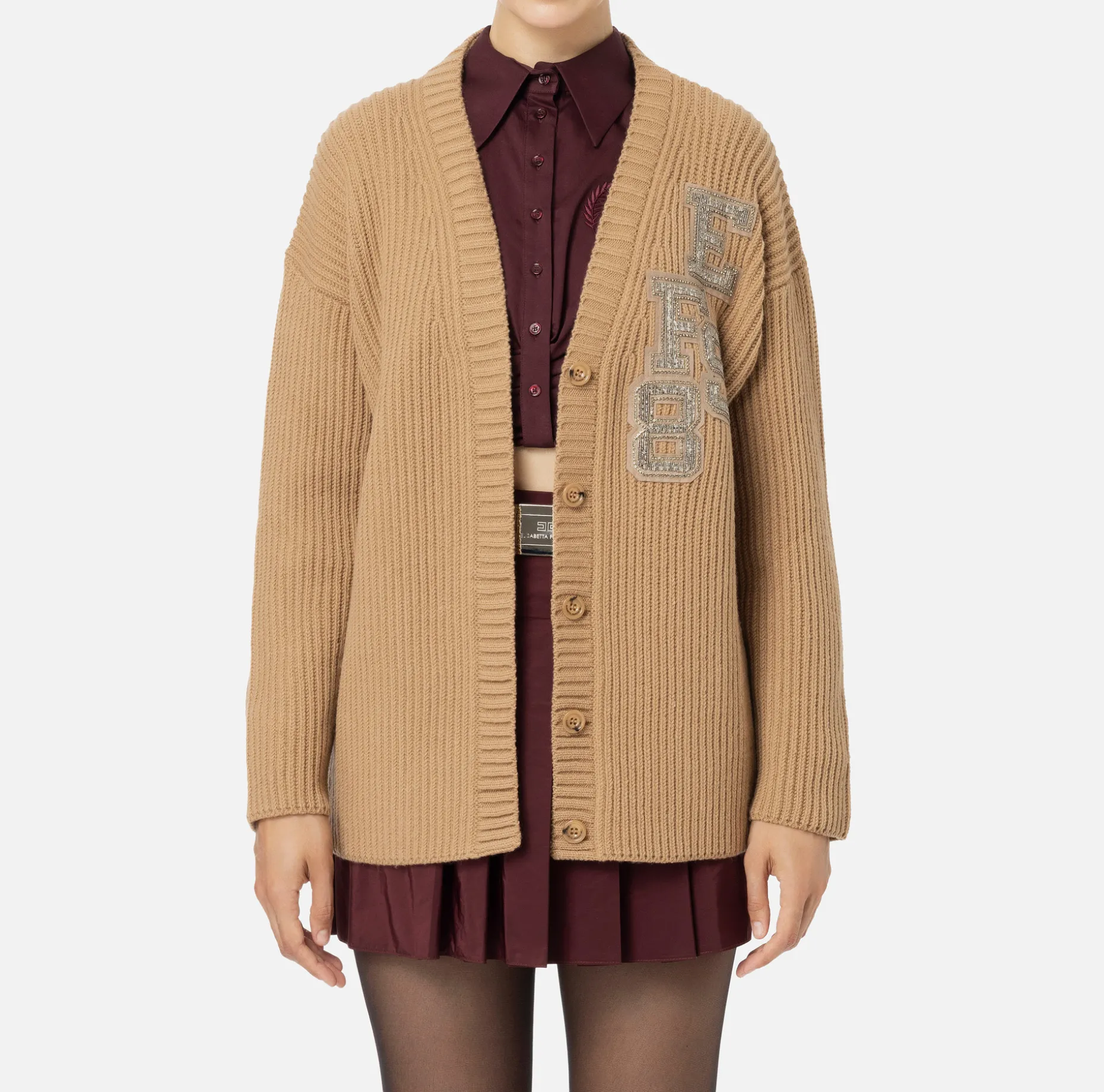 Elisabetta Franchi Knitwear And Sweatshirts | Fisherman’s rib wool cardigan with logo patch