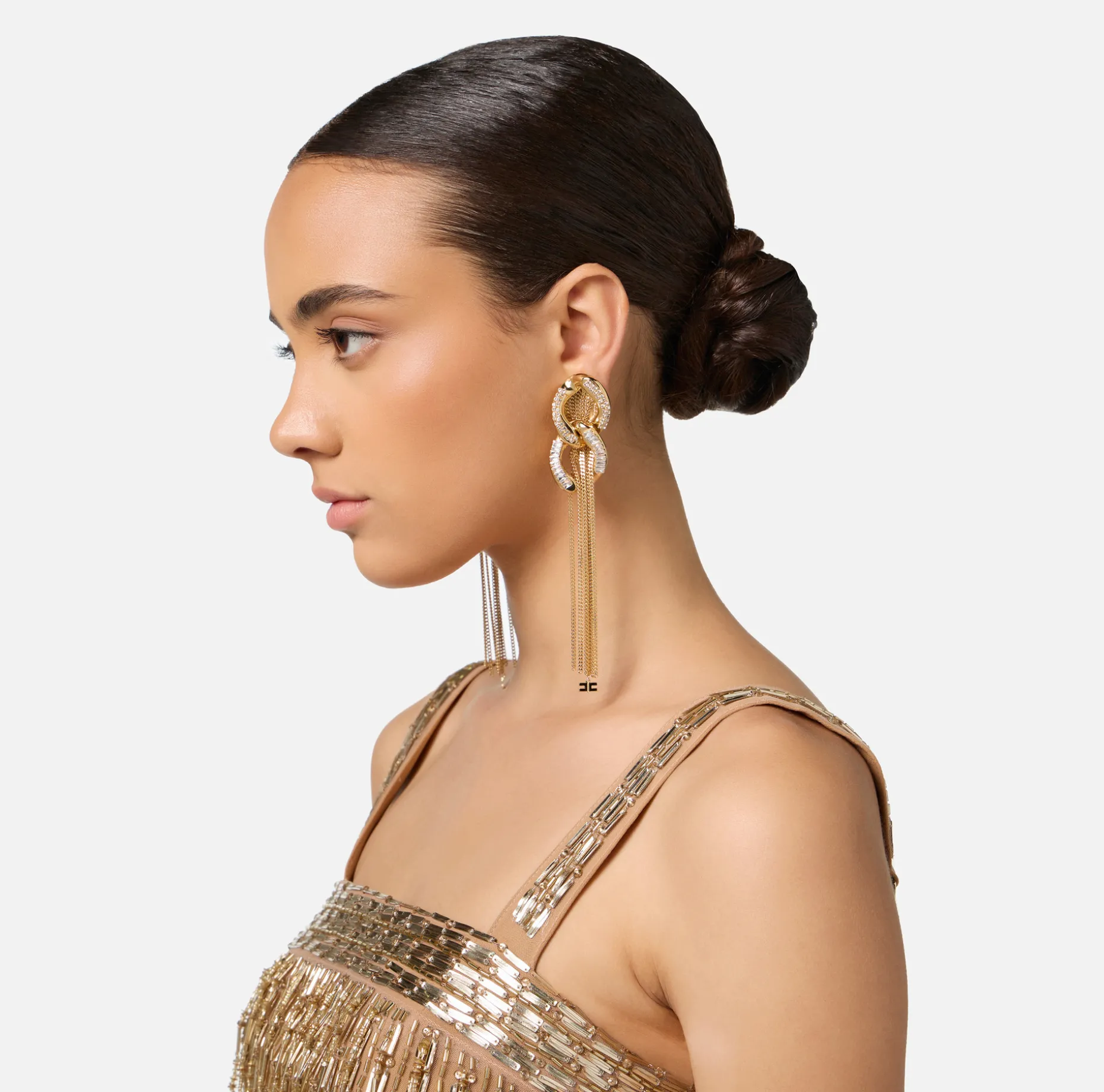 Elisabetta Franchi Jewelry | Golden metal pendant earrings with maxi chain