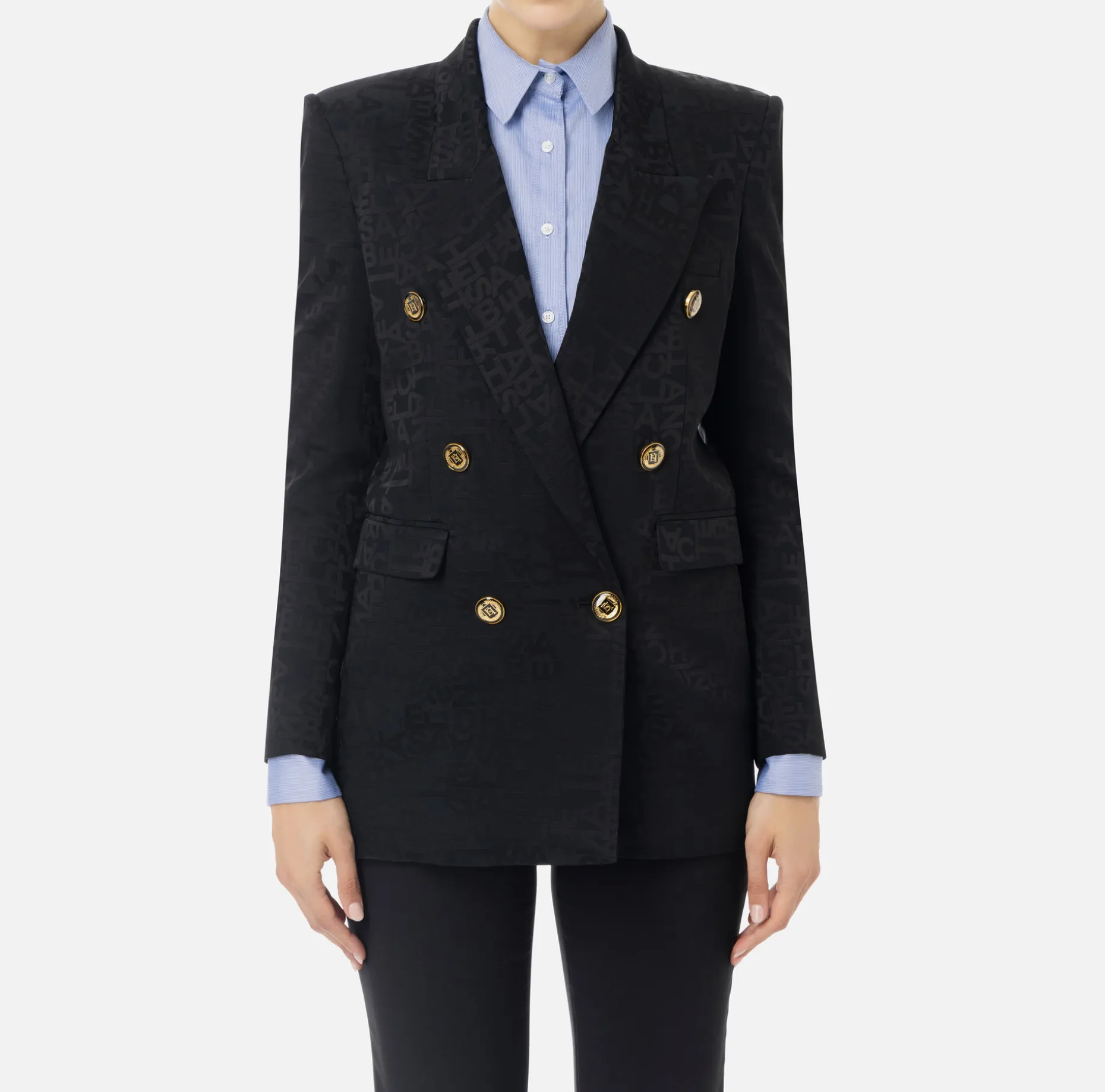 Elisabetta Franchi Jackets And Trench Coats | Tailleur | Jacquard crêpe double-breasted jacket with lettering