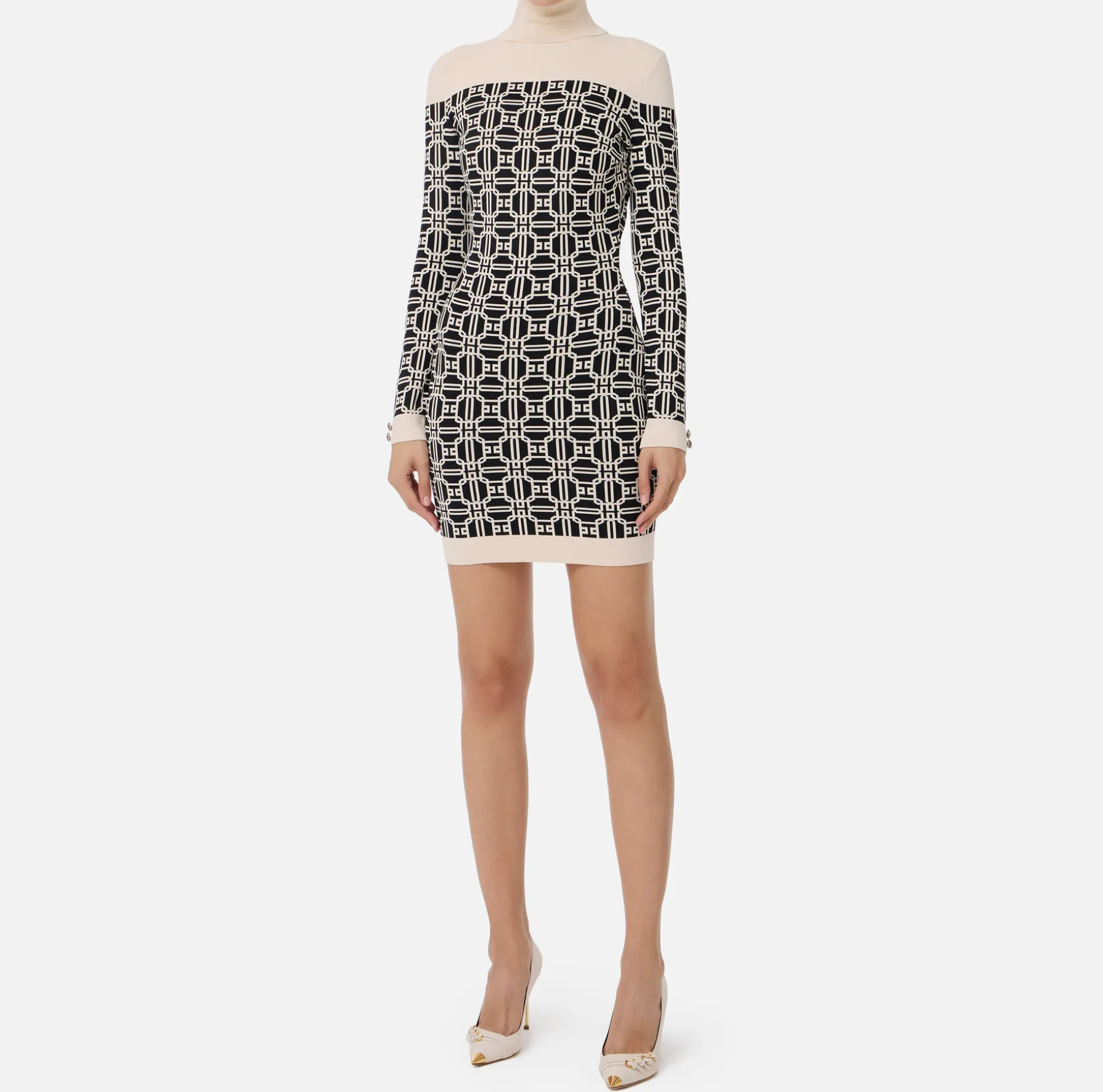 Elisabetta Franchi Mini Dresses | Knitted Dresses | Jacquard logo turtleneck mini-dress