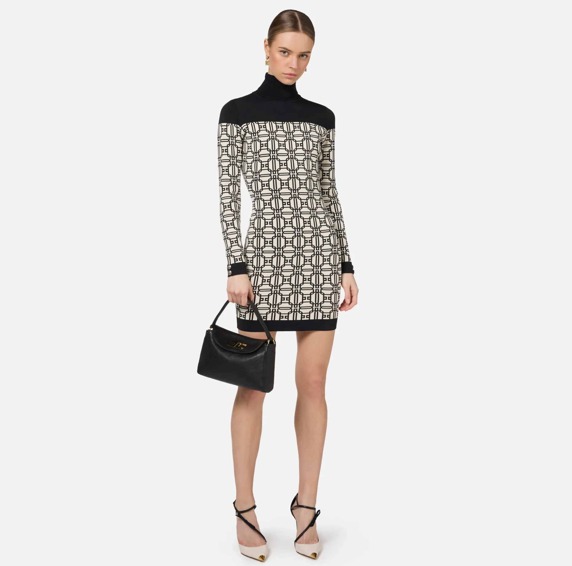 Elisabetta Franchi Mini Dresses | Knitted Dresses | Jacquard logo turtleneck mini-dress