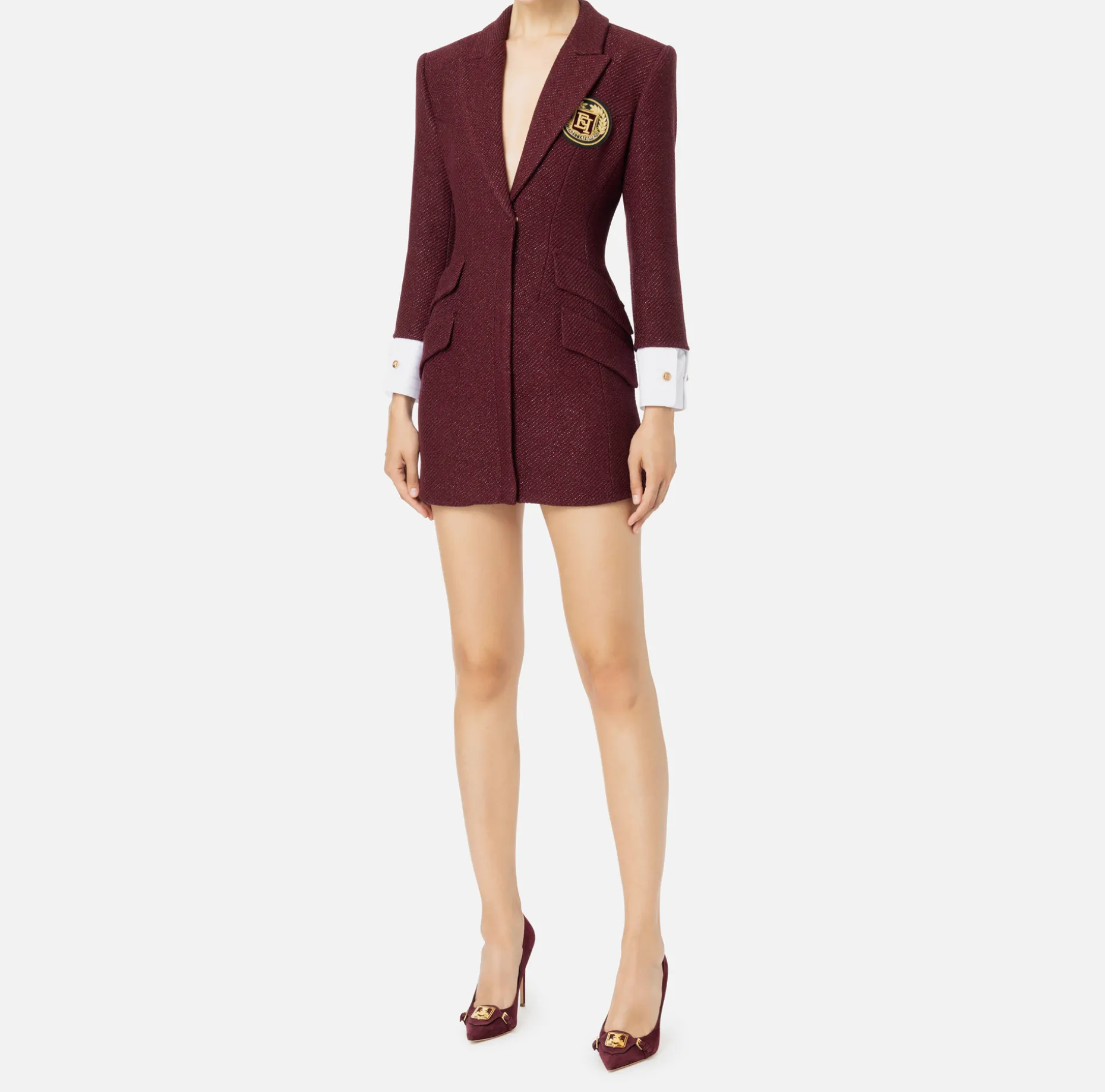 Elisabetta Franchi Mini Dresses | Coat Dresses | Laminated tweed coat dress with logo patch