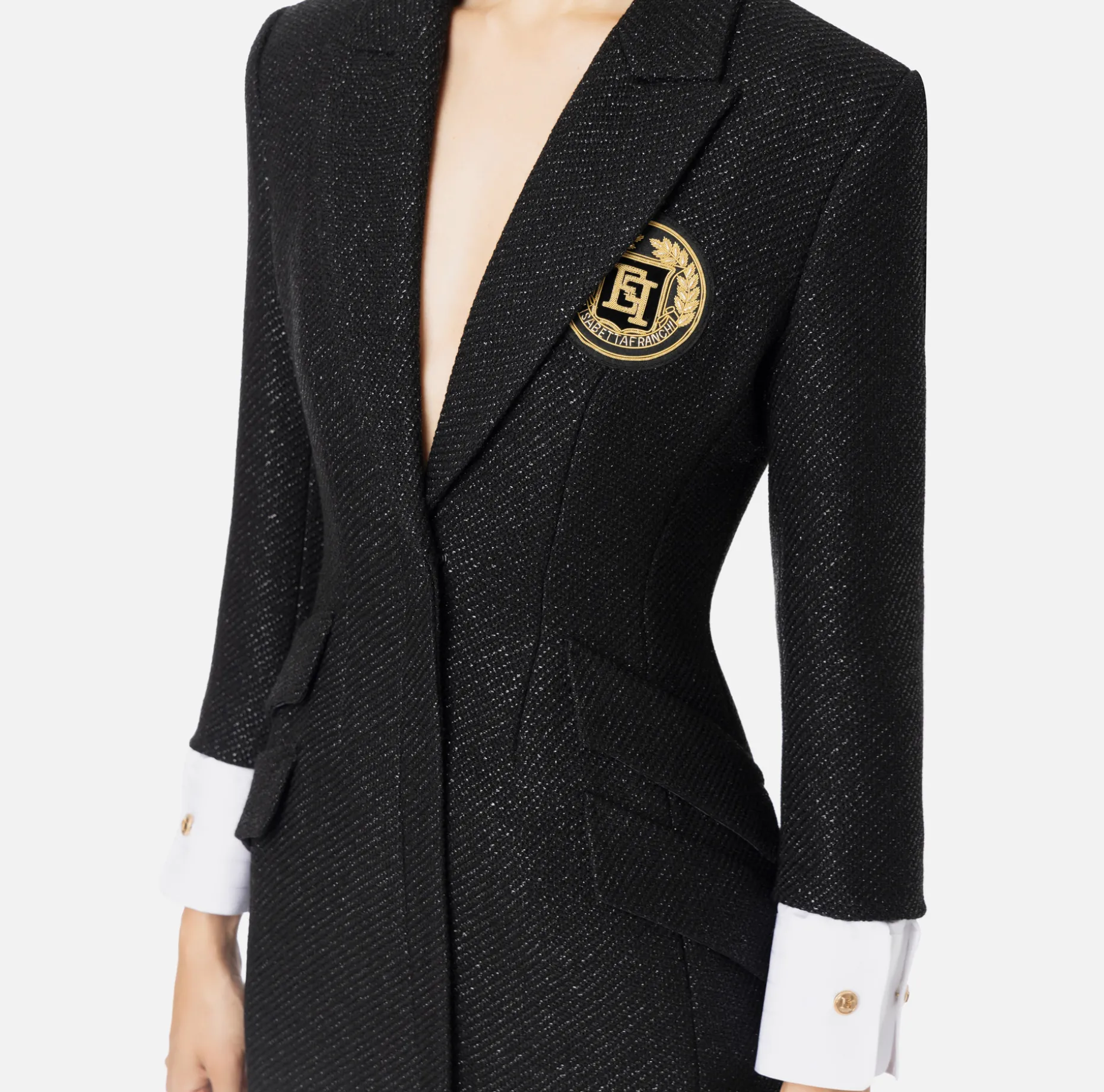 Elisabetta Franchi Mini Dresses | Coat Dresses | Laminated tweed coat dress with logo patch