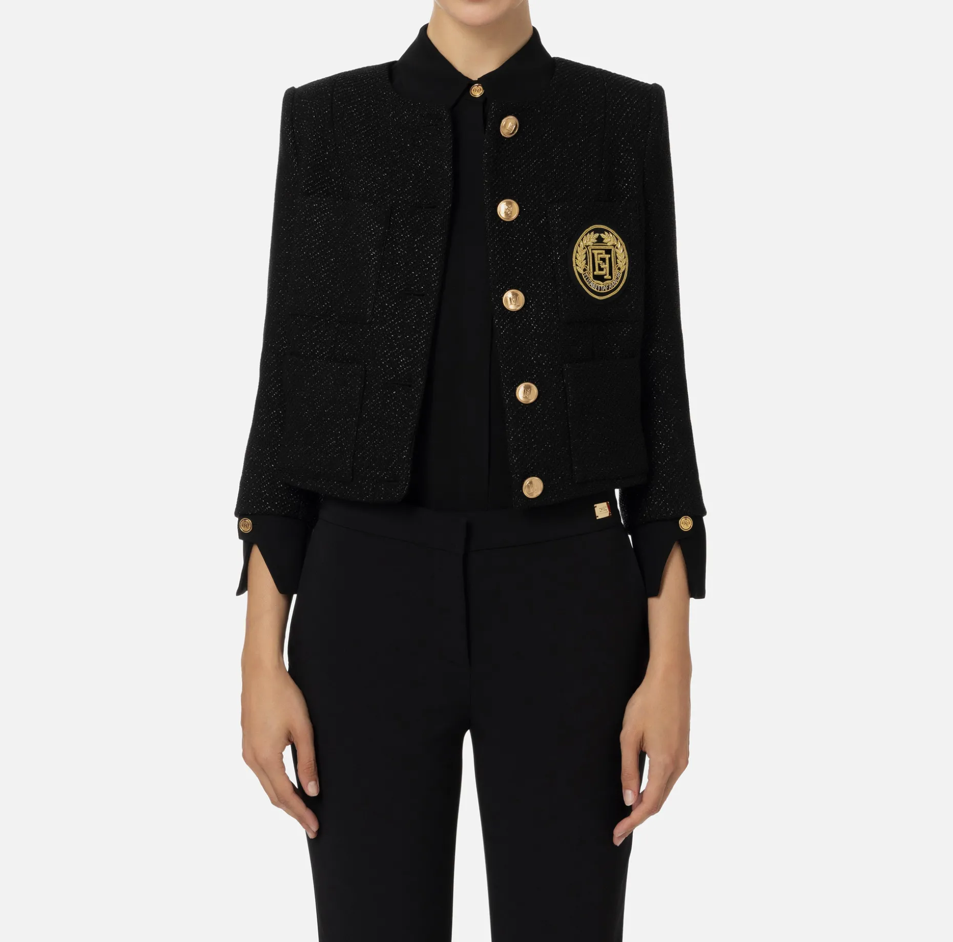 Elisabetta Franchi Jackets And Trench Coats | Laminated tweed cropped jacket with pockets