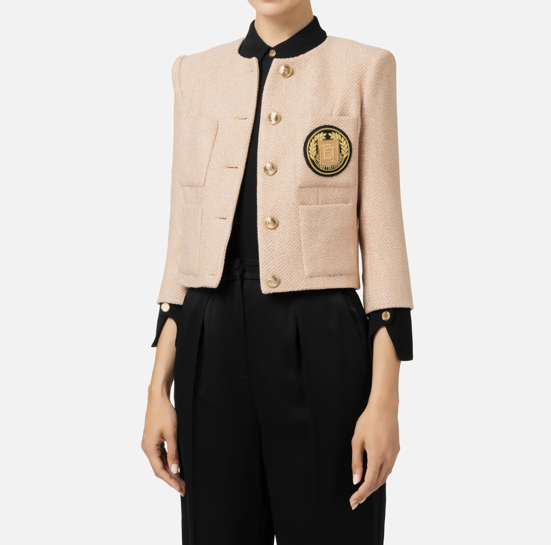 Elisabetta Franchi Jackets And Trench Coats | Laminated tweed cropped jacket with pockets