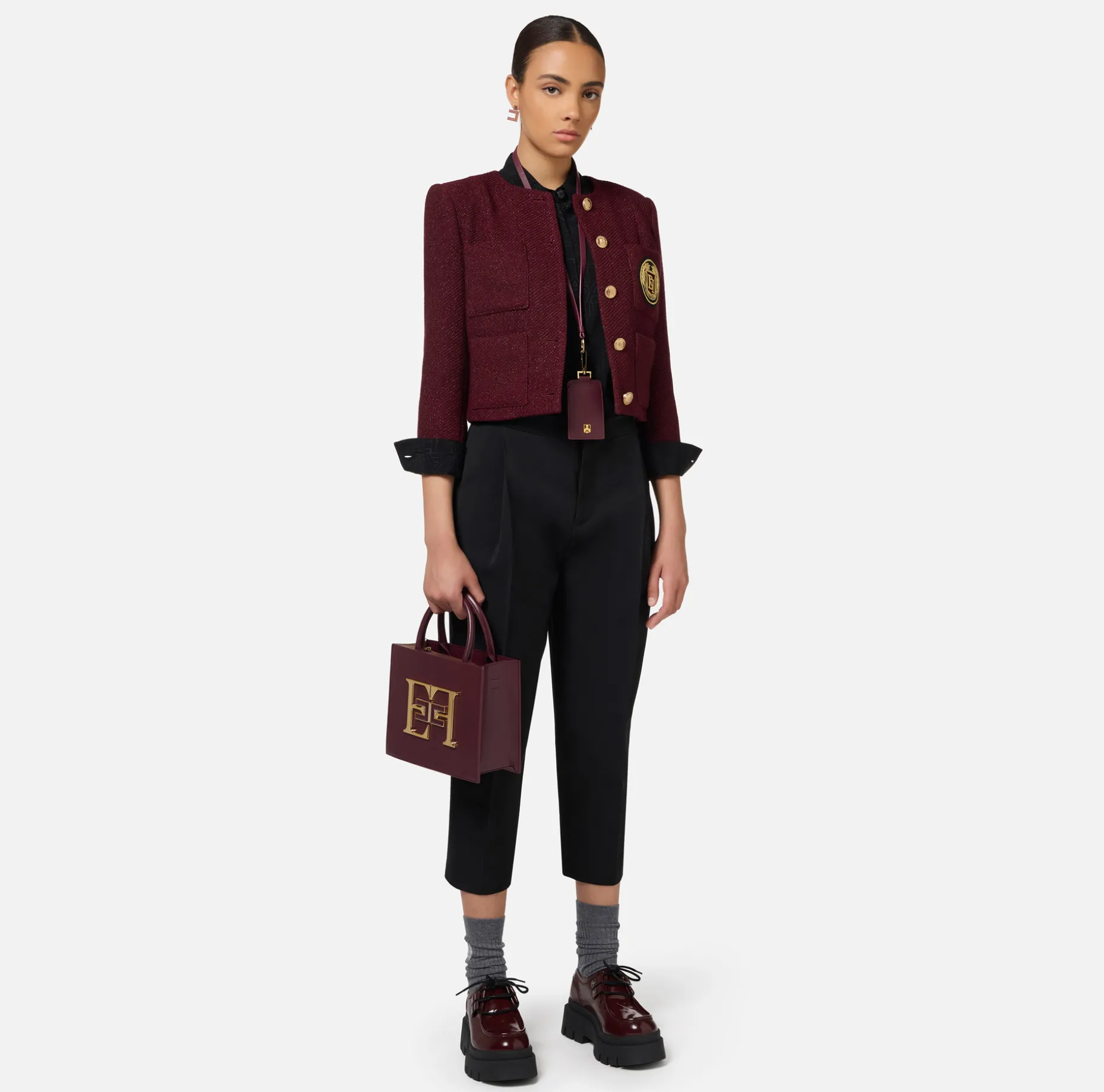 Elisabetta Franchi Jackets And Trench Coats | Laminated tweed cropped jacket with pockets