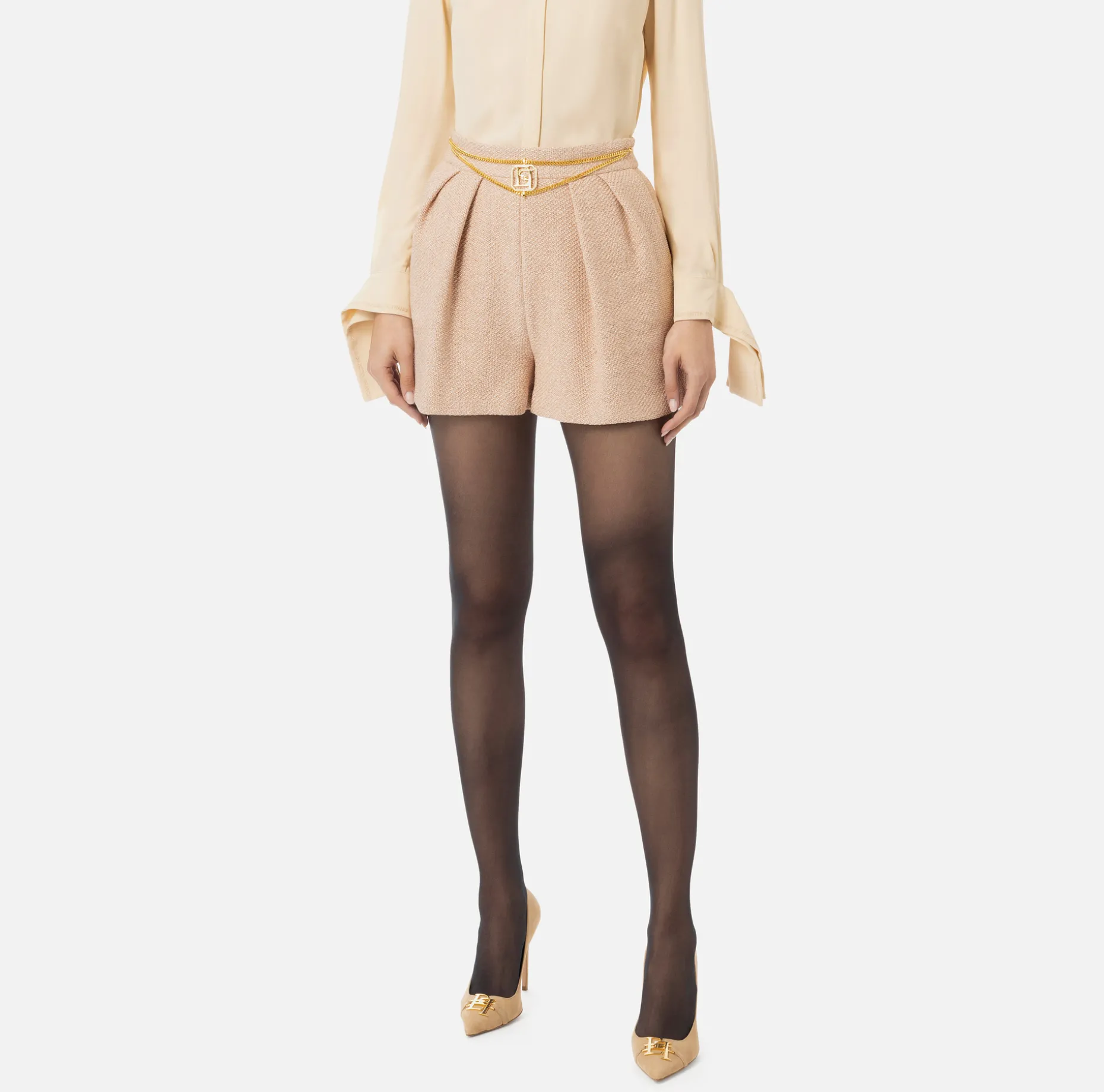 Elisabetta Franchi Trousers And Shorts | Laminated tweed shorts with logo accessory