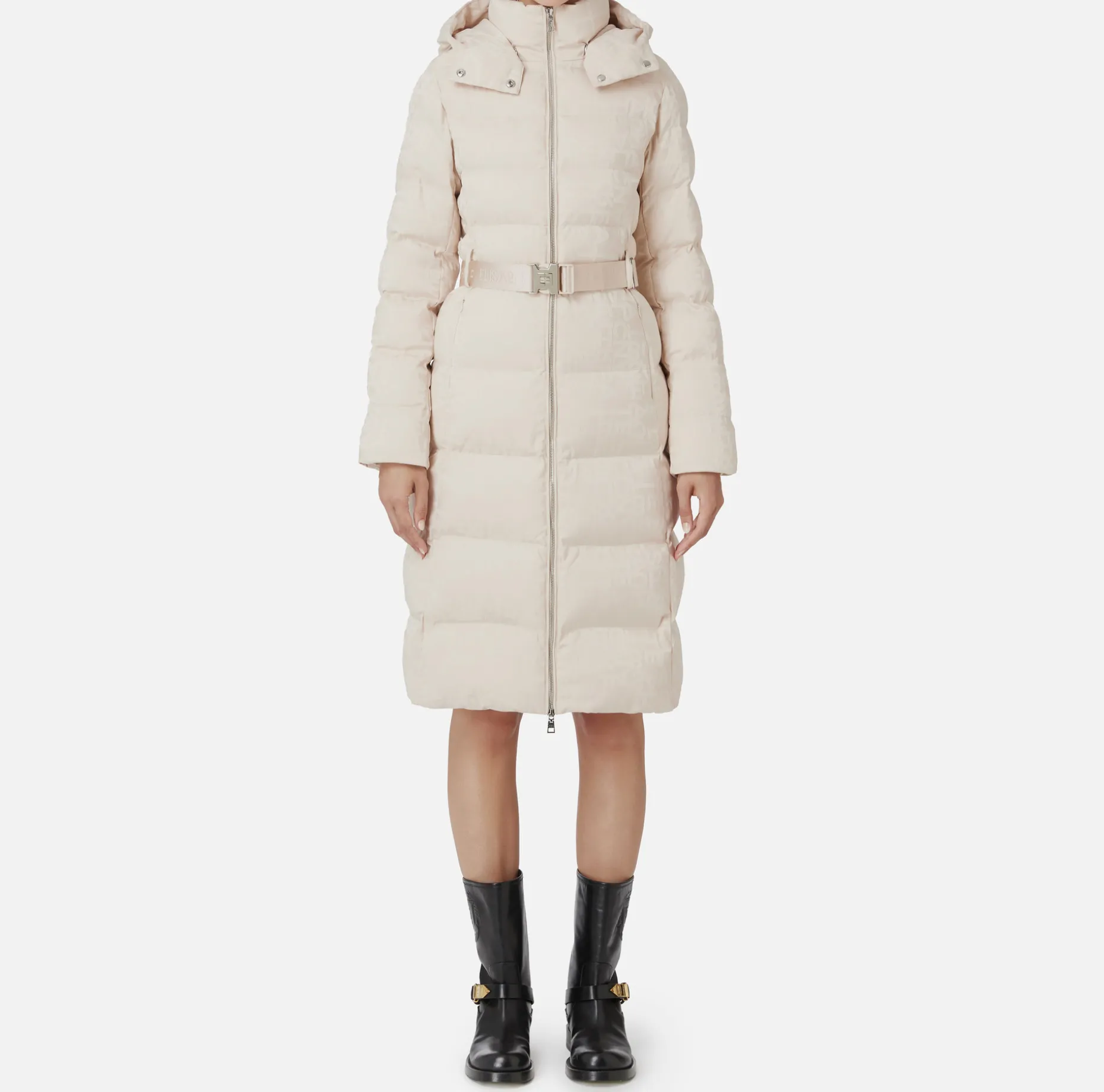 Elisabetta Franchi Coats And Jackets | Long down jacket in nylon jacquard with lettering