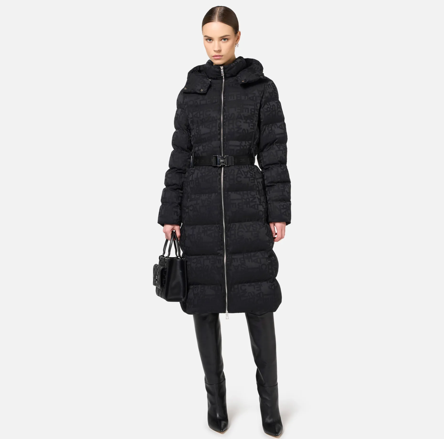 Elisabetta Franchi Coats And Jackets | Long down jacket in nylon jacquard with lettering