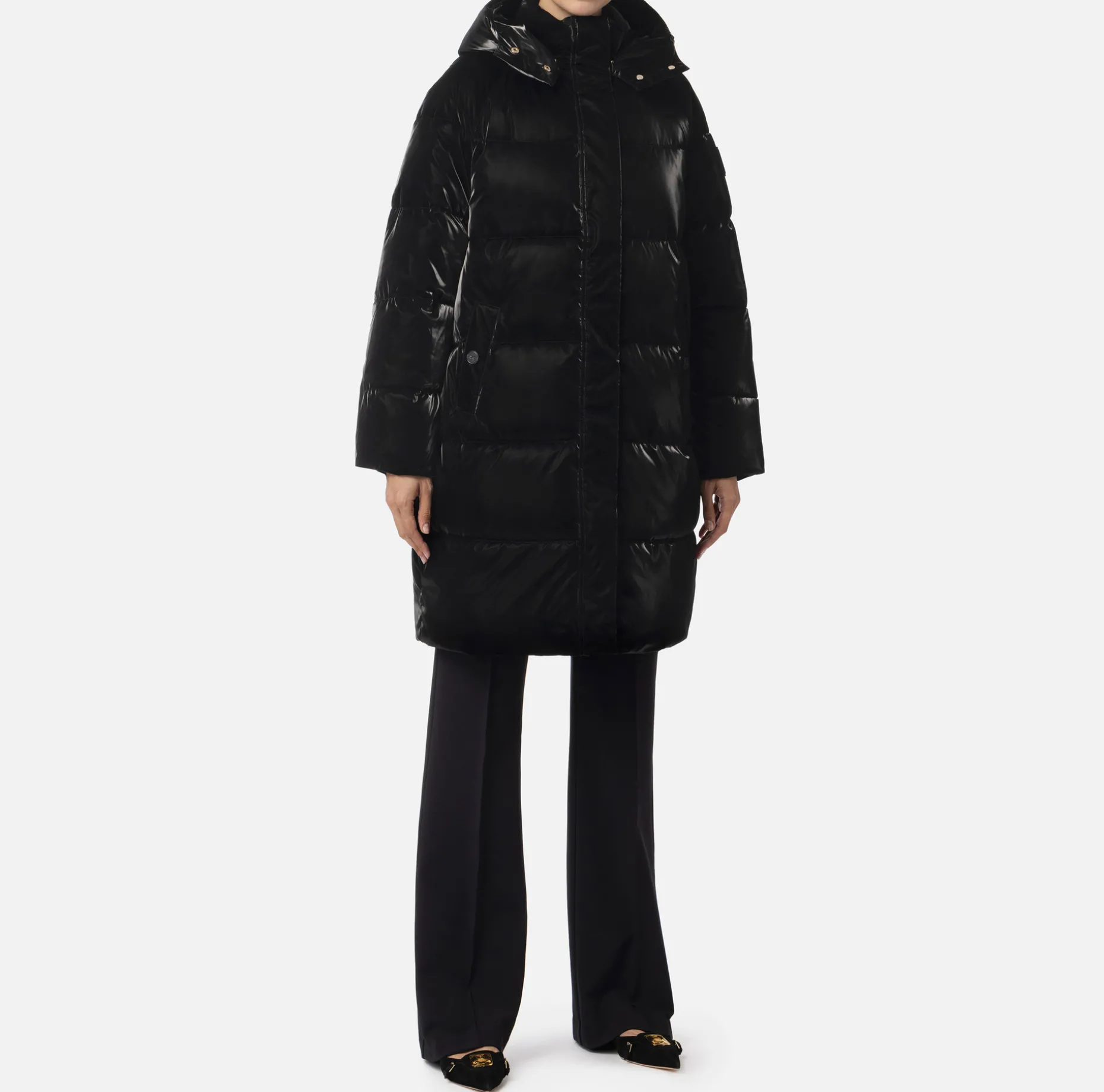 Elisabetta Franchi Coats And Jackets | Long satin nylon down jacket with hood