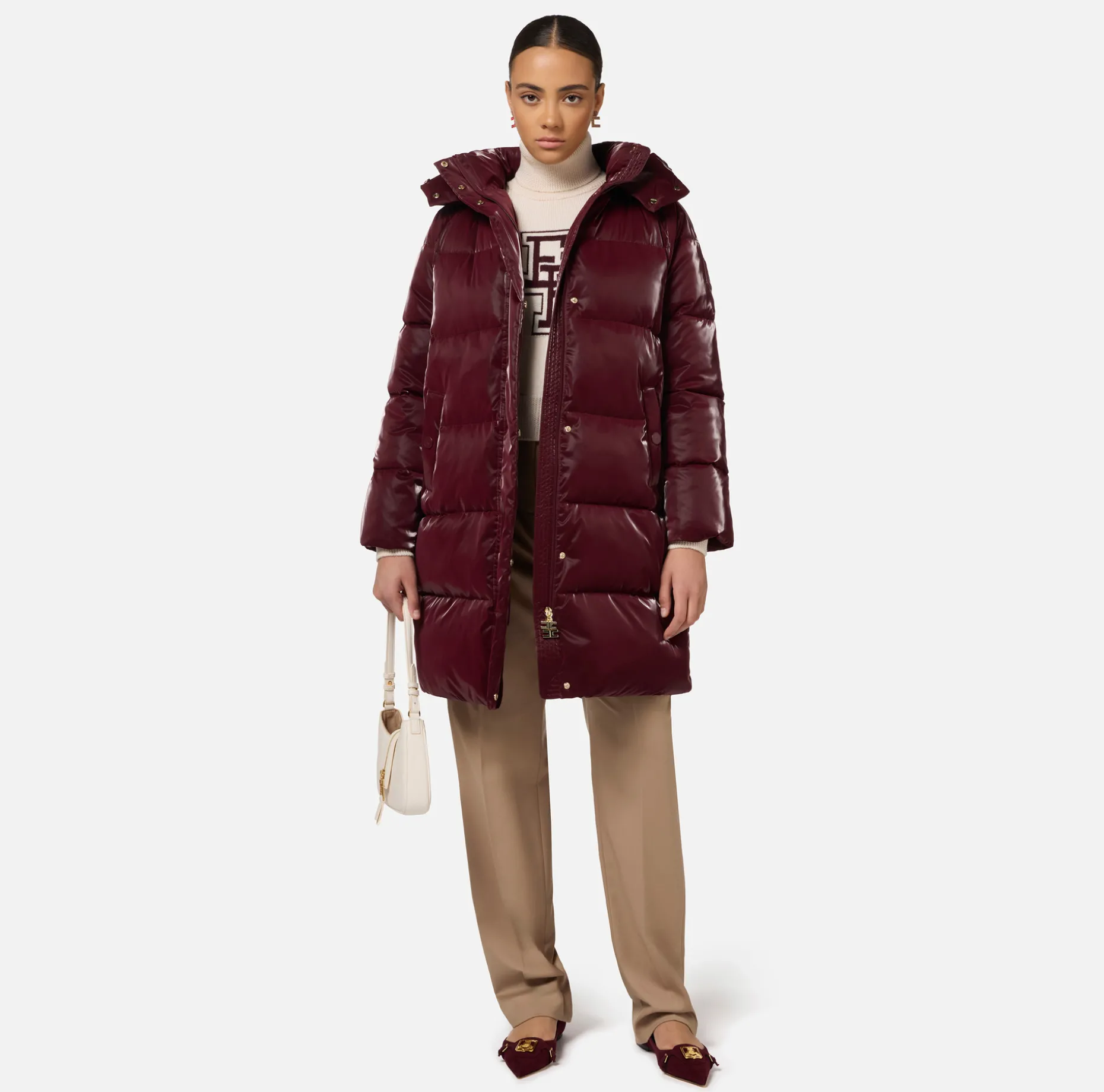 Elisabetta Franchi Coats And Jackets | Long satin nylon down jacket with hood