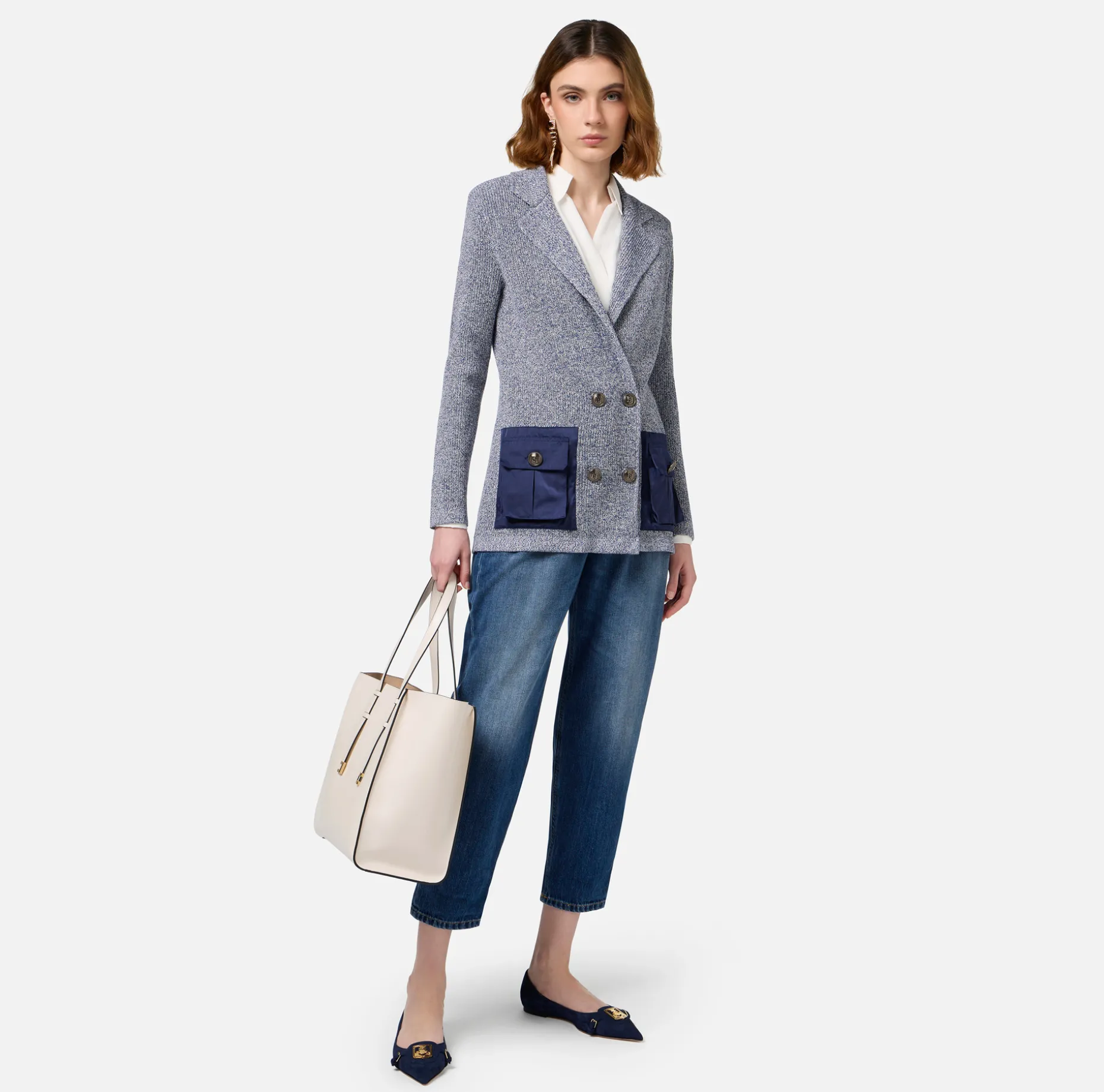 Elisabetta Franchi Jackets And Trench Coats | Knitwear And Sweatshirts | Melange viscose blazer with pockets in technical voile fabric