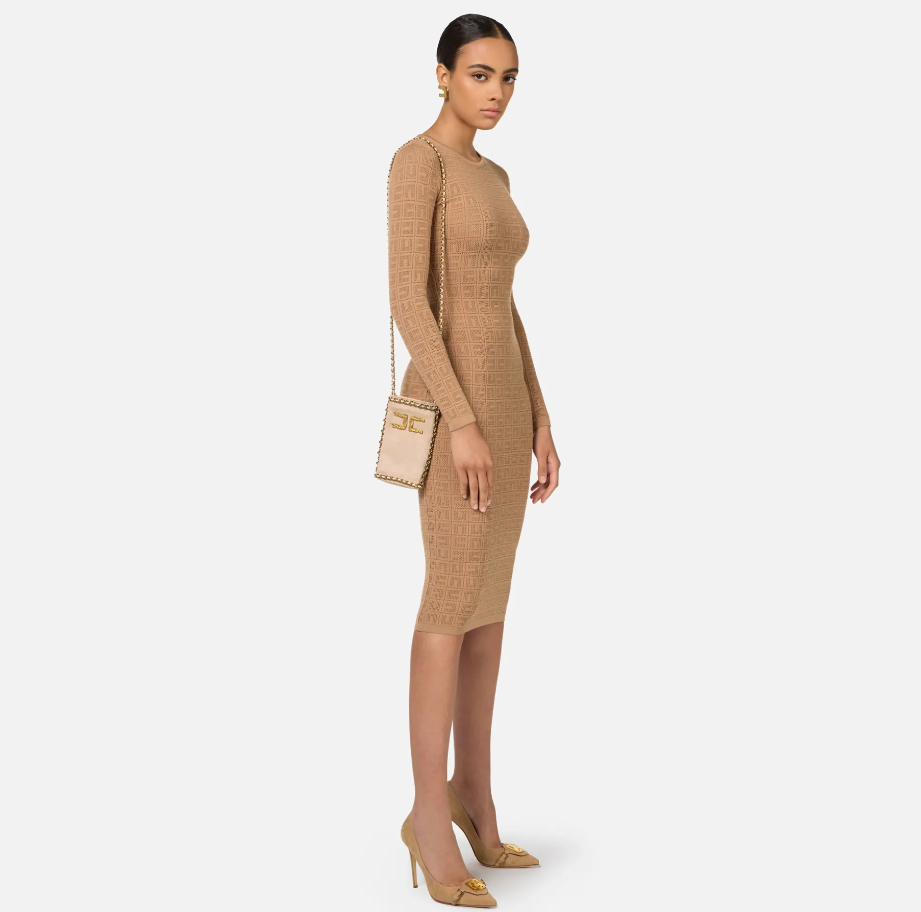 Elisabetta Franchi Midi Dresses | Knitted Dresses | Mesh stitch viscose midi dress with logo