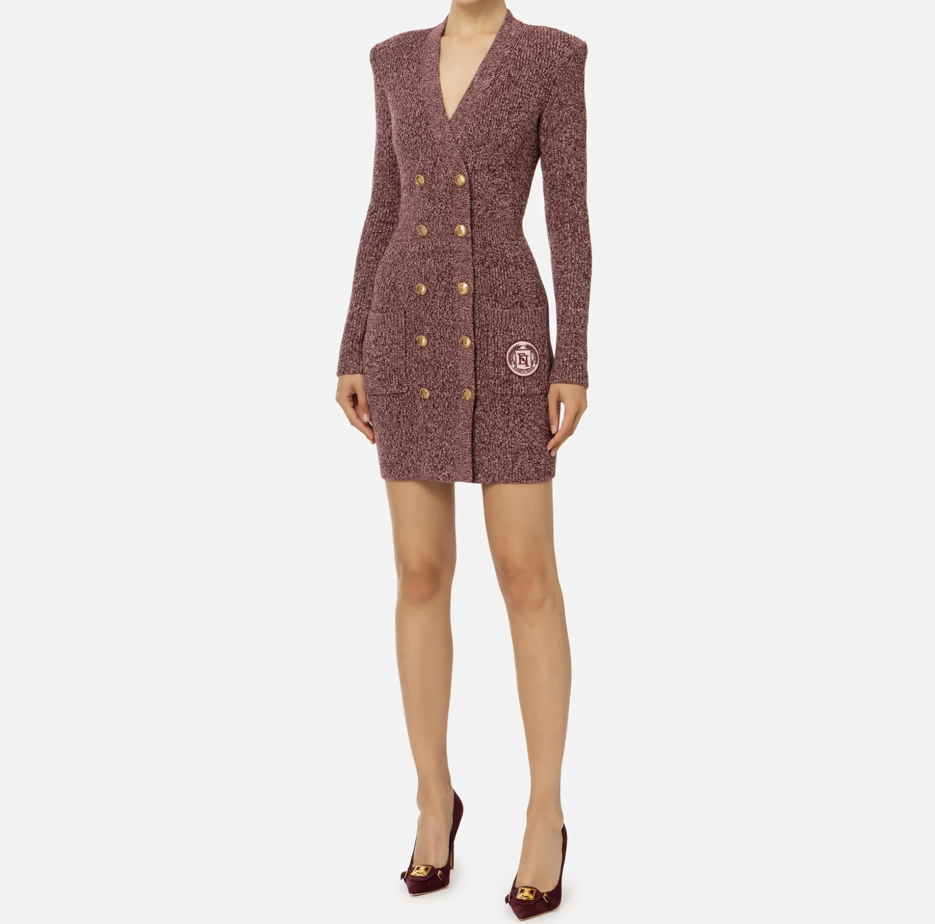 Elisabetta Franchi Mini Dresses | Knitted Dresses | Mouliné wool double-breasted coat dress with logo patch