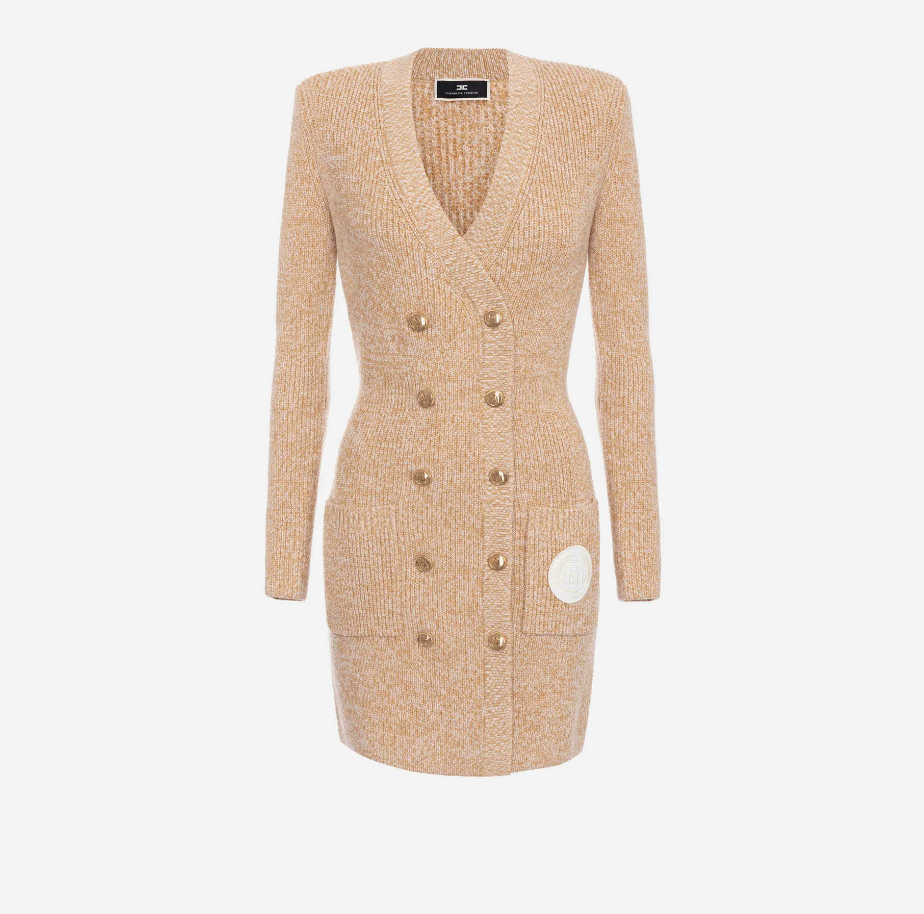 Elisabetta Franchi Mini Dresses | Knitted Dresses | Mouliné wool double-breasted coat dress with logo patch