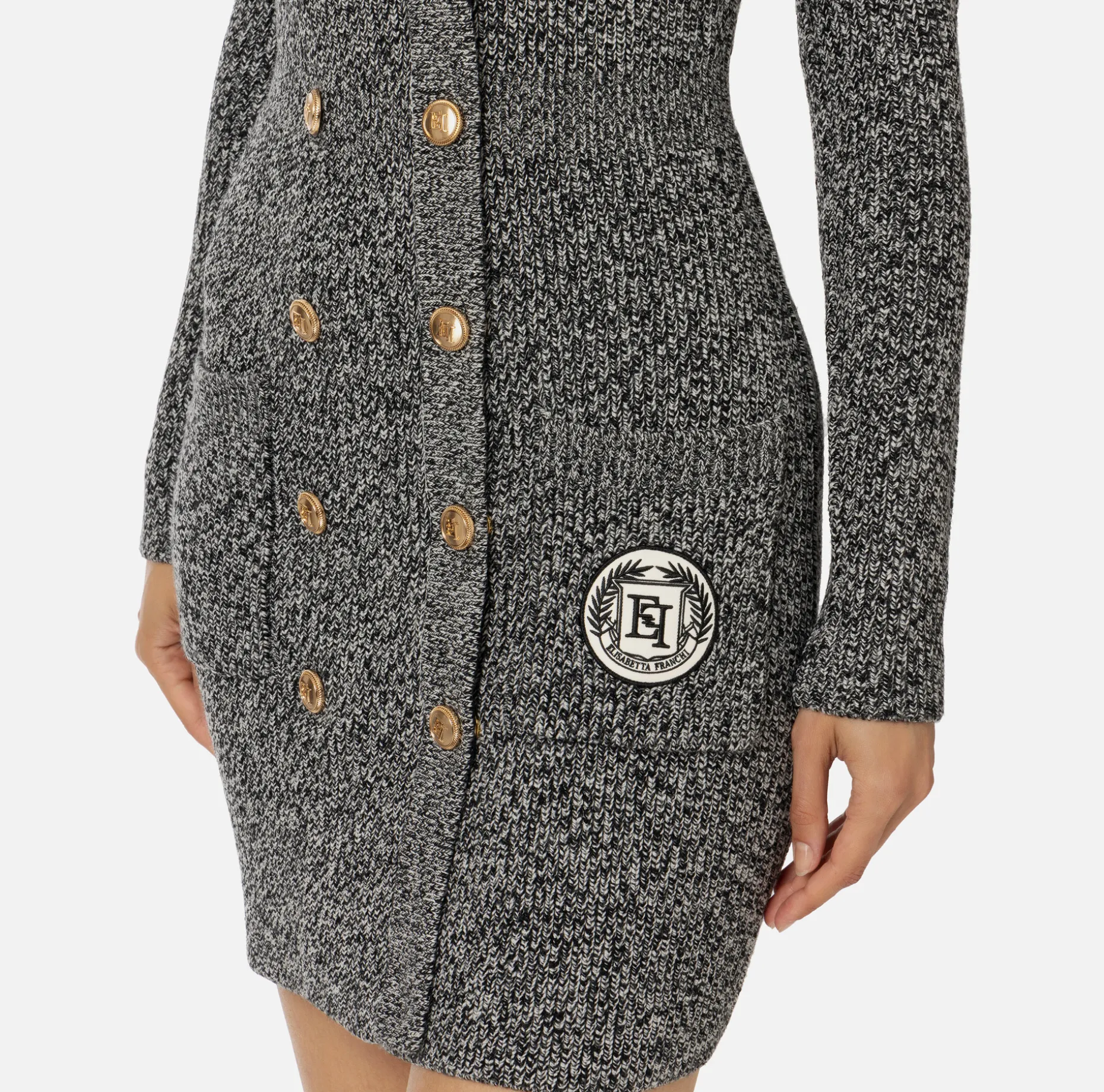 Elisabetta Franchi Mini Dresses | Knitted Dresses | Mouliné wool double-breasted coat dress with logo patch