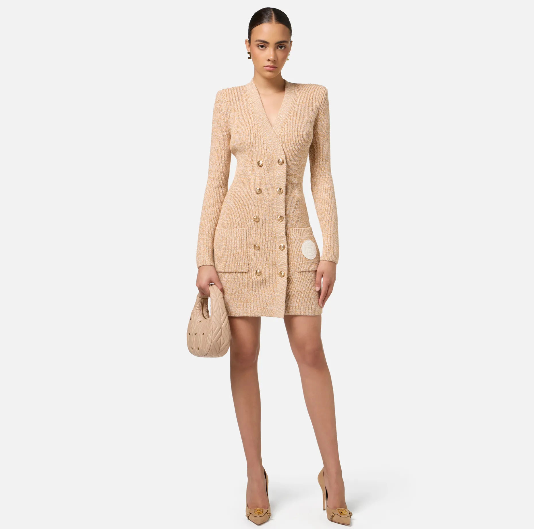 Elisabetta Franchi Mini Dresses | Knitted Dresses | Mouliné wool double-breasted coat dress with logo patch