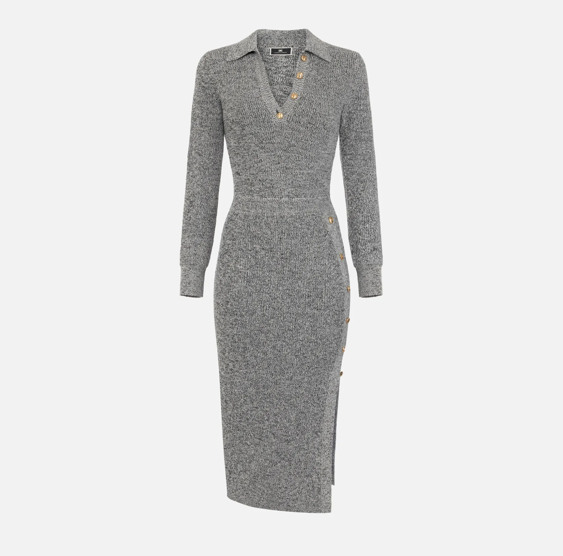 Elisabetta Franchi Midi Dresses | Knitted Dresses | Mouliné wool midi dress with logo patch