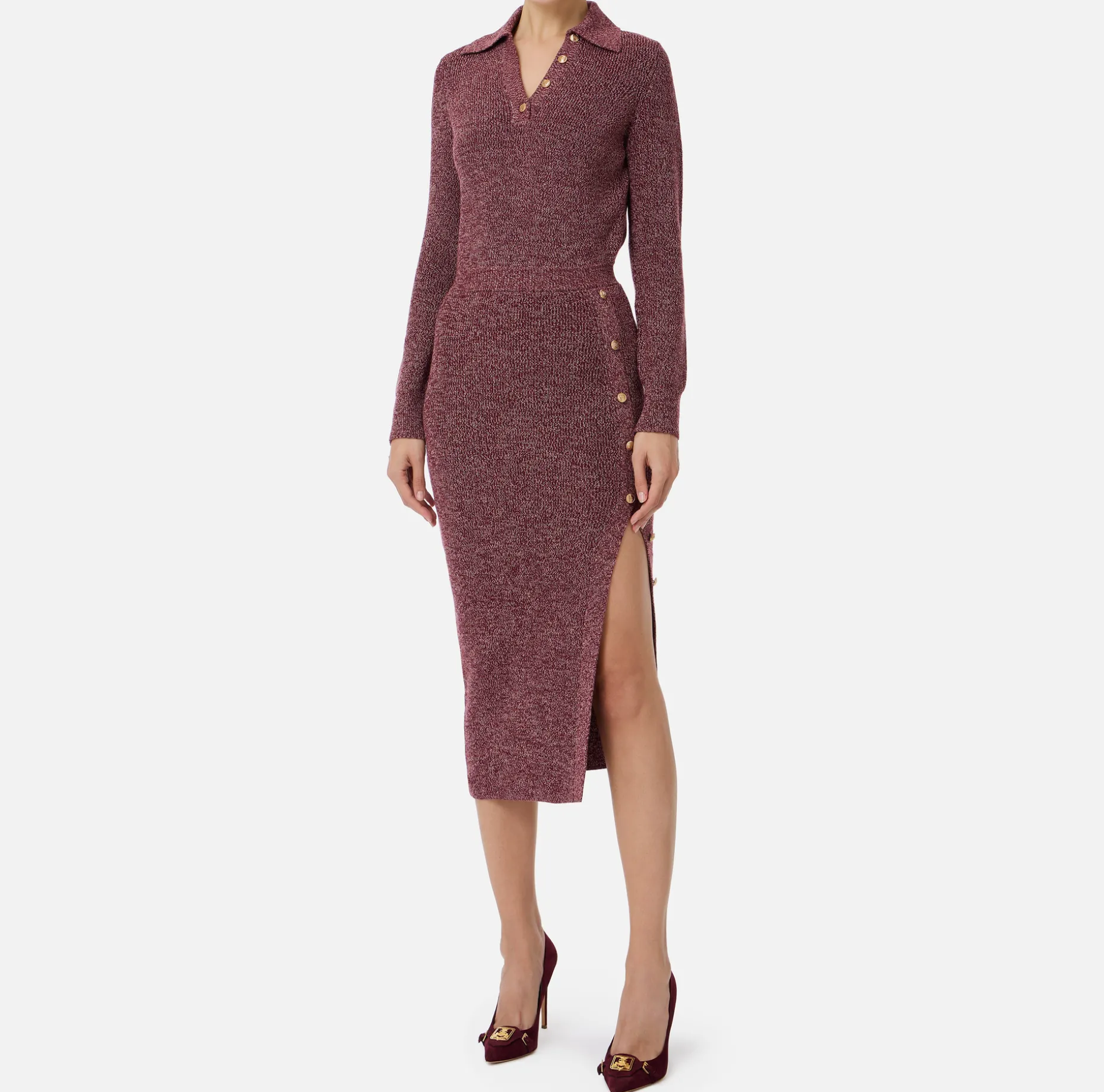 Elisabetta Franchi Midi Dresses | Knitted Dresses | Mouliné wool midi dress with logo patch