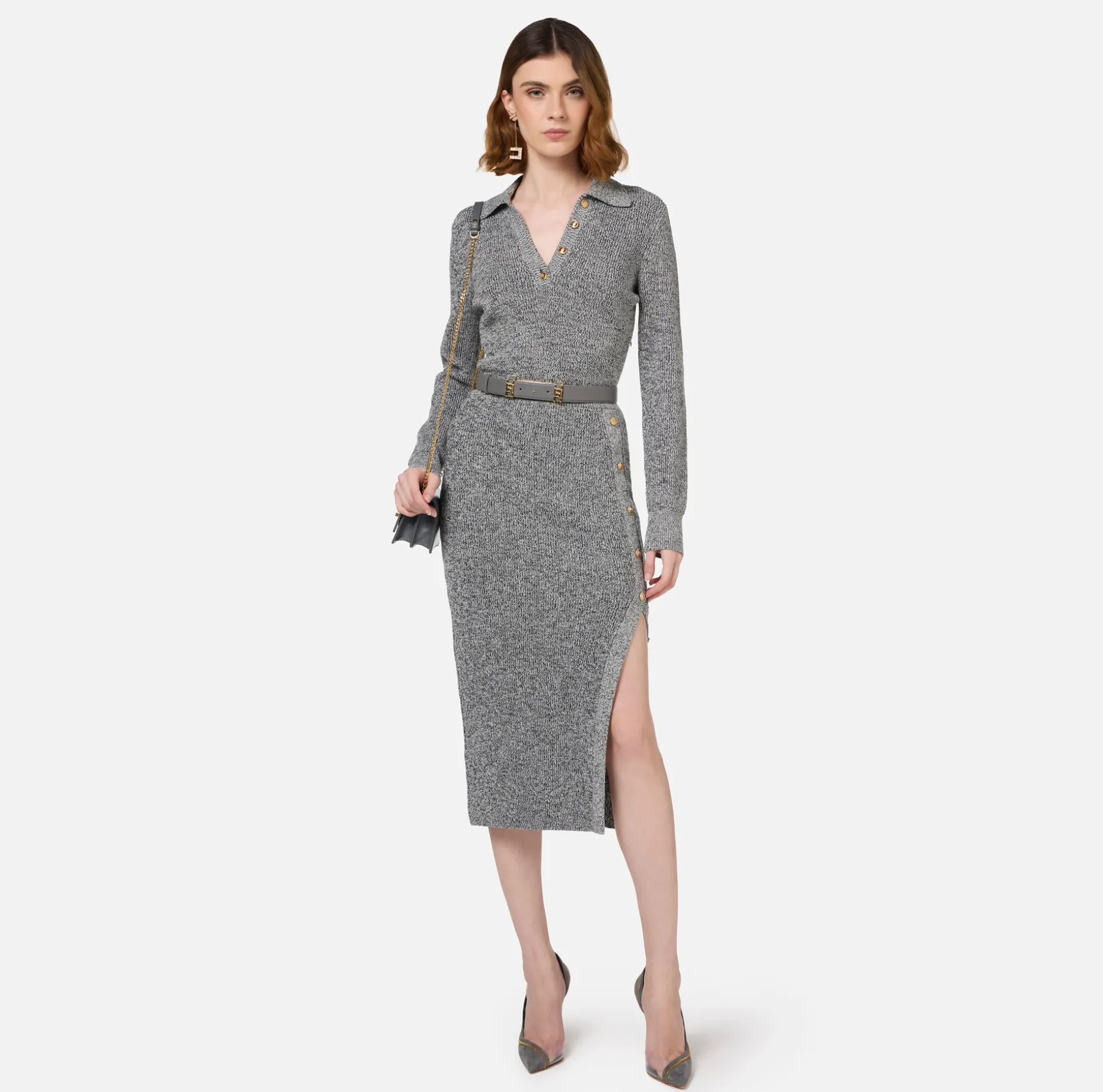 Elisabetta Franchi Midi Dresses | Knitted Dresses | Mouliné wool midi dress with logo patch