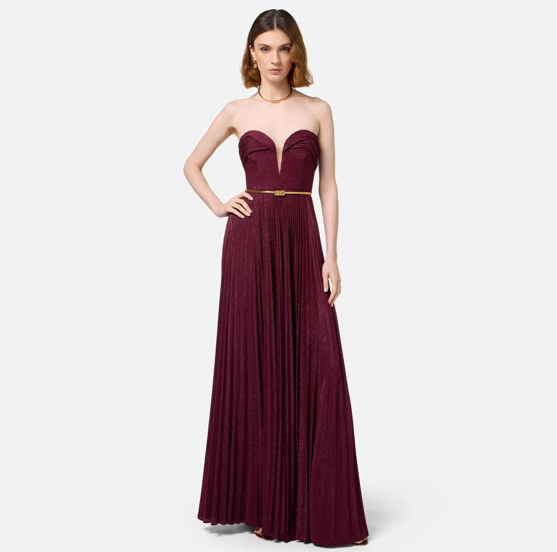 Elisabetta Franchi Red Carpet Dresses | Red Carpet | Pleated red carpet dress in lurex jersey with belt