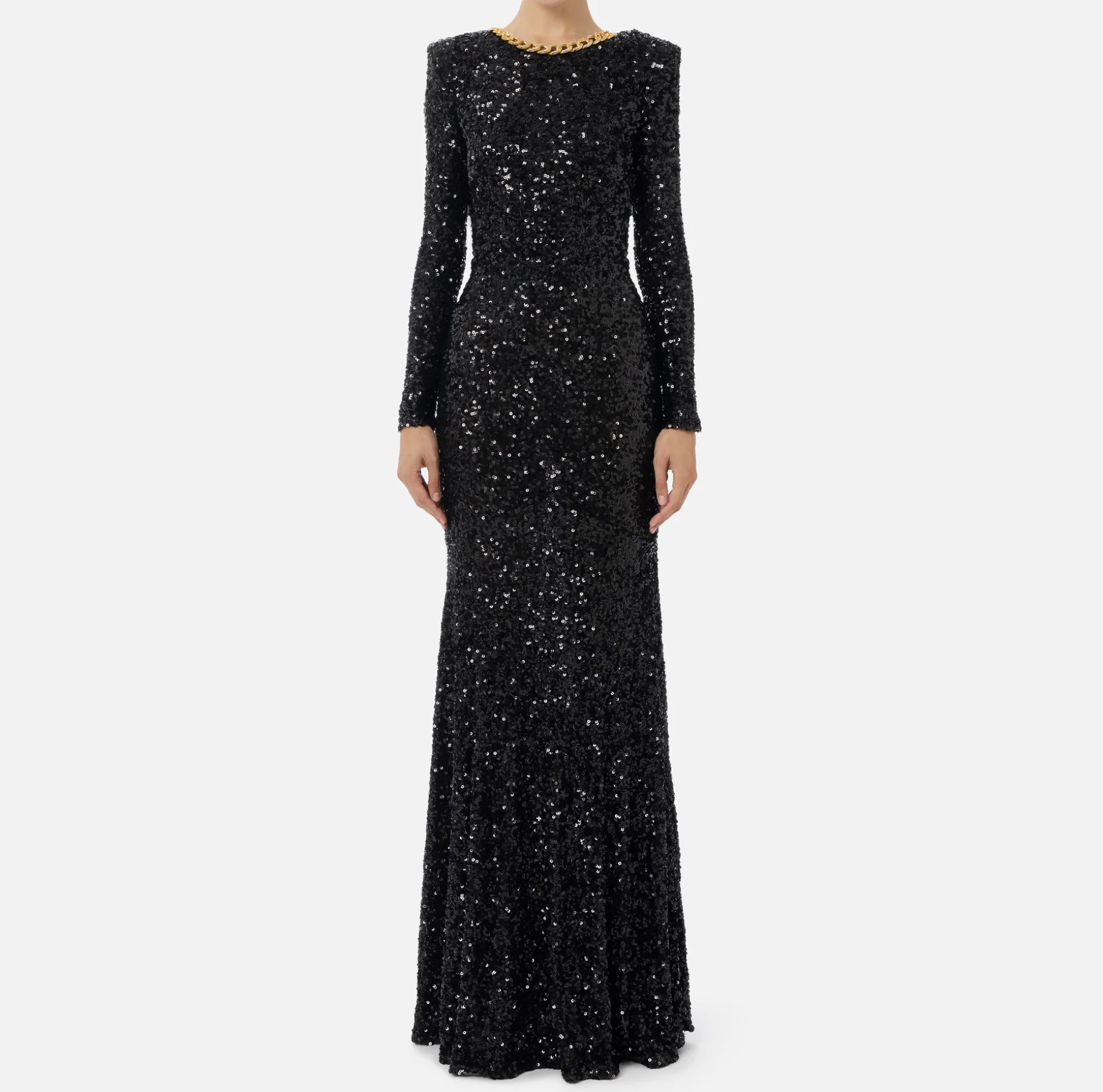 Elisabetta Franchi Red Carpet Dresses | Red Carpet | Red carpet sequin dress with chain and rhinestones