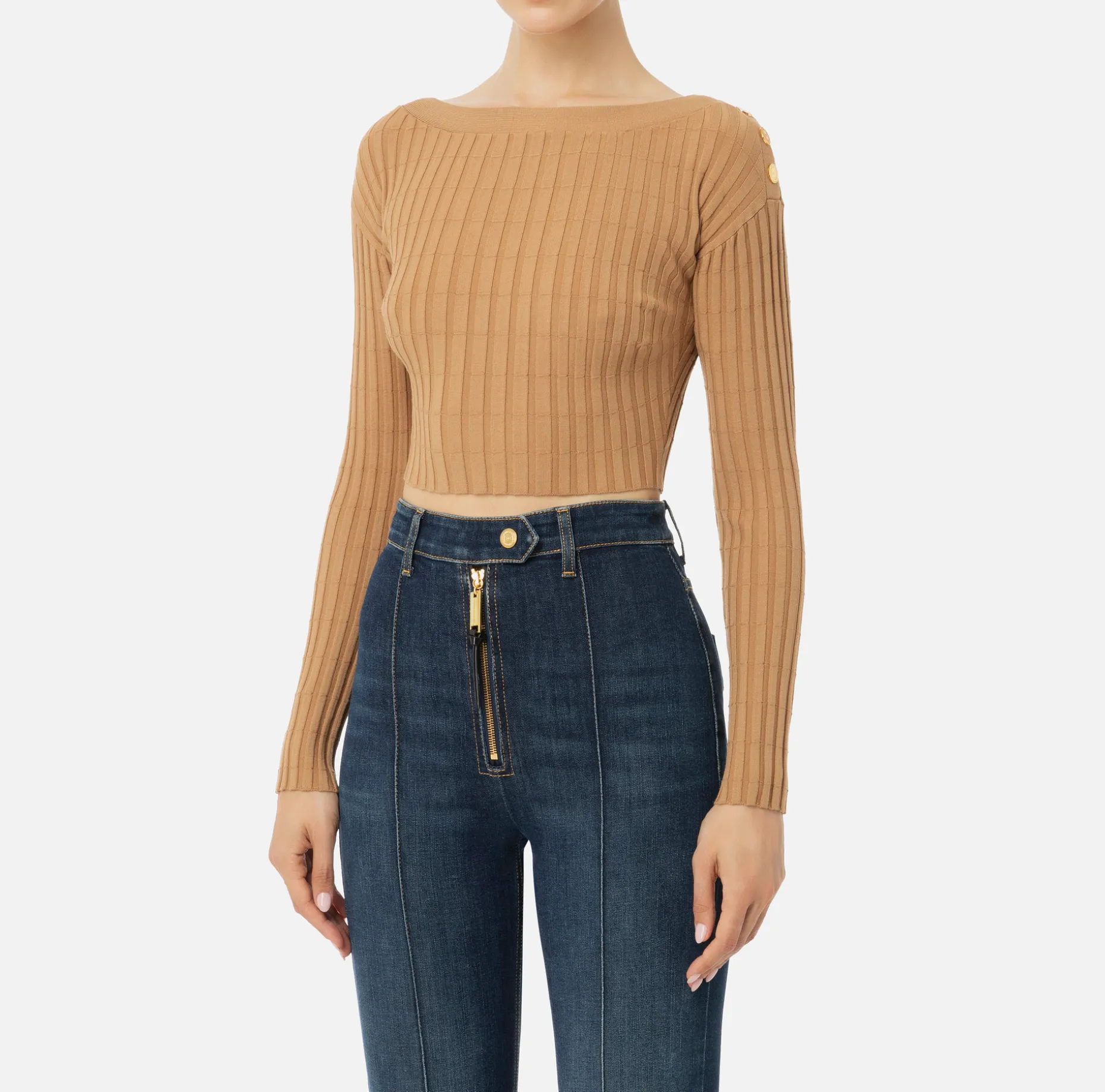 Elisabetta Franchi Knitwear And Sweatshirts | Ribbed viscose cropped top with button placket