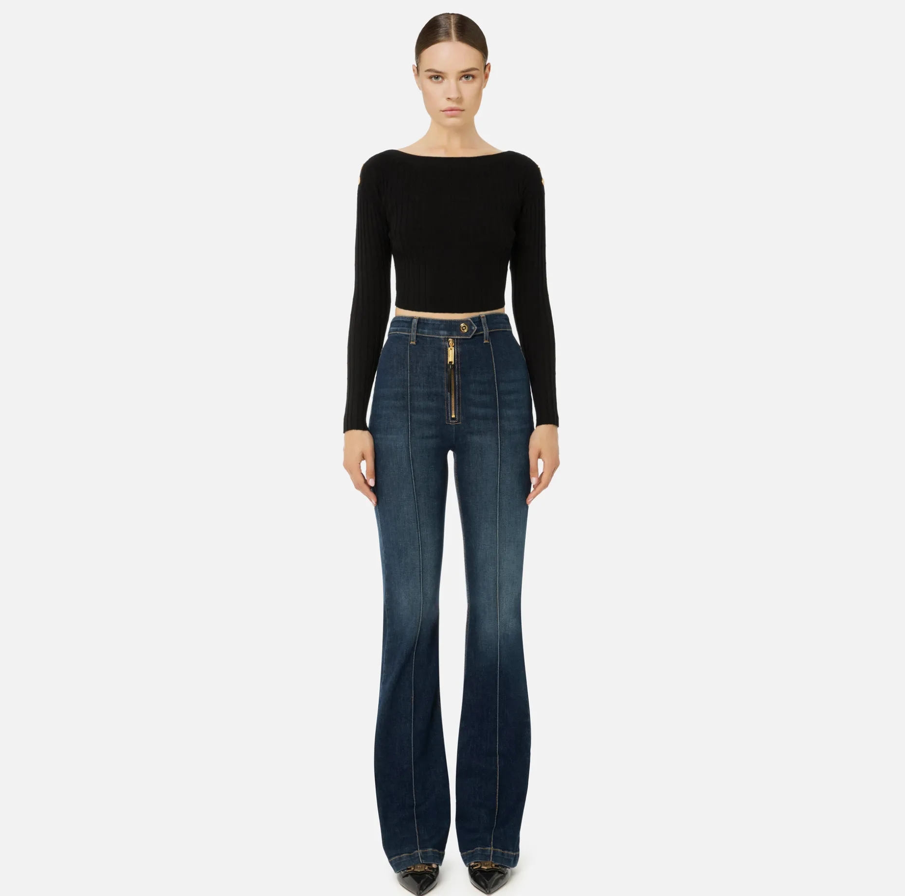 Elisabetta Franchi Knitwear And Sweatshirts | Ribbed viscose cropped top with button placket