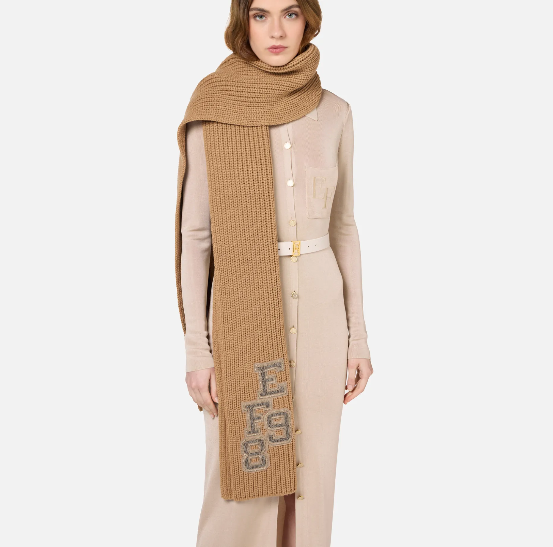 Elisabetta Franchi Scarves | Ribbed wool scarf with college-style patch