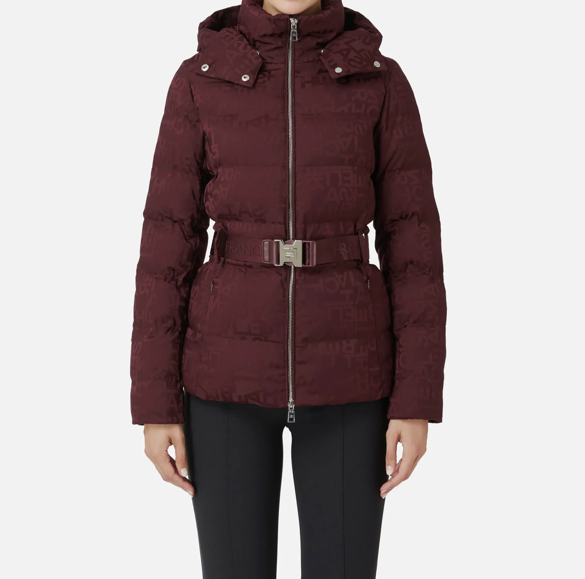 Elisabetta Franchi Coats And Jackets | Short down jacket in nylon jacquard with lettering