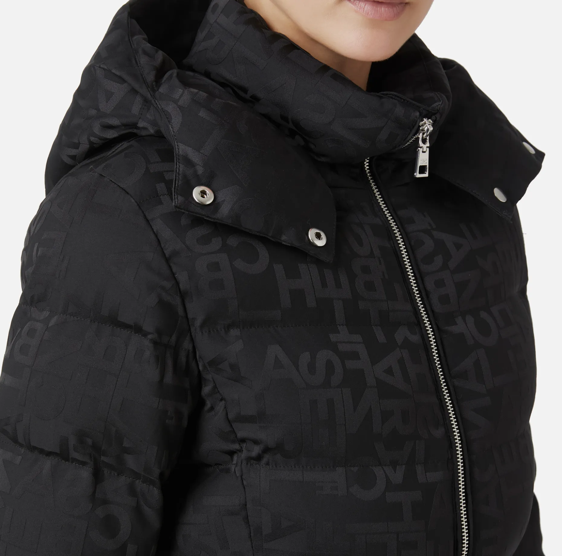 Elisabetta Franchi Coats And Jackets | Short down jacket in nylon jacquard with lettering