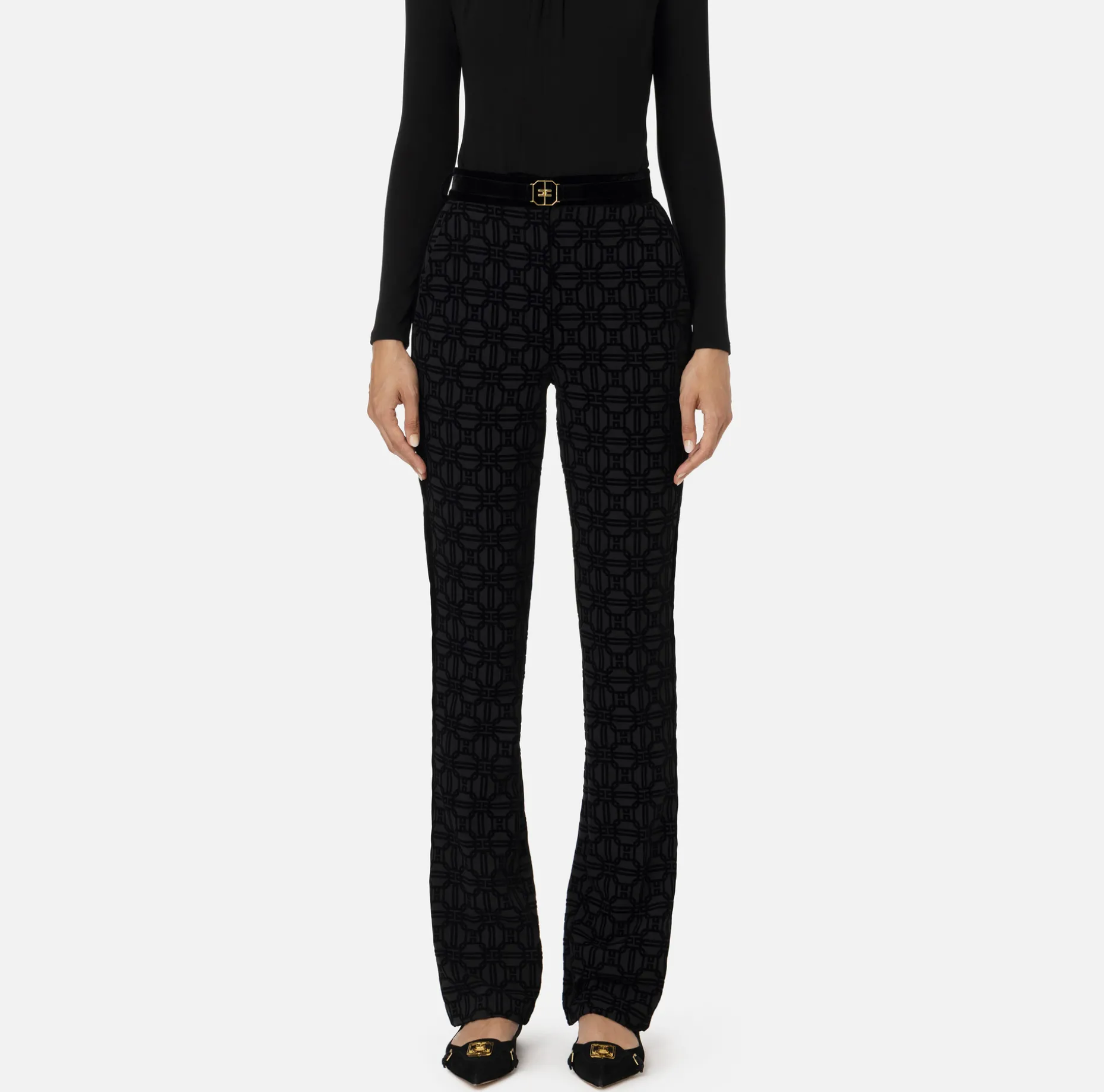 Elisabetta Franchi Trousers And Shorts | Tailleur | Straight trousers in flock crêpe fabric with belt